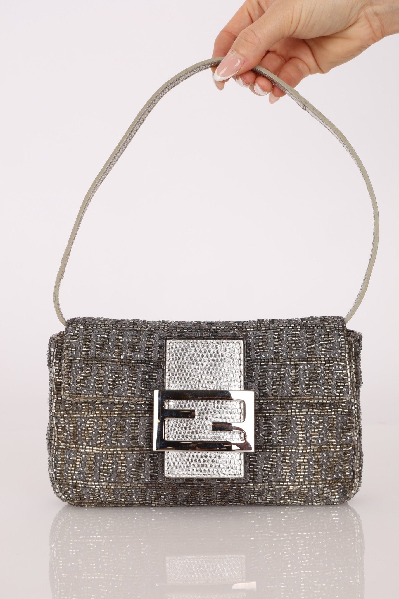 Ultra - Rare Fendi 2003 Karung Trimmed Metallic Beaded Zucchino Mini Baguette - FashioNica