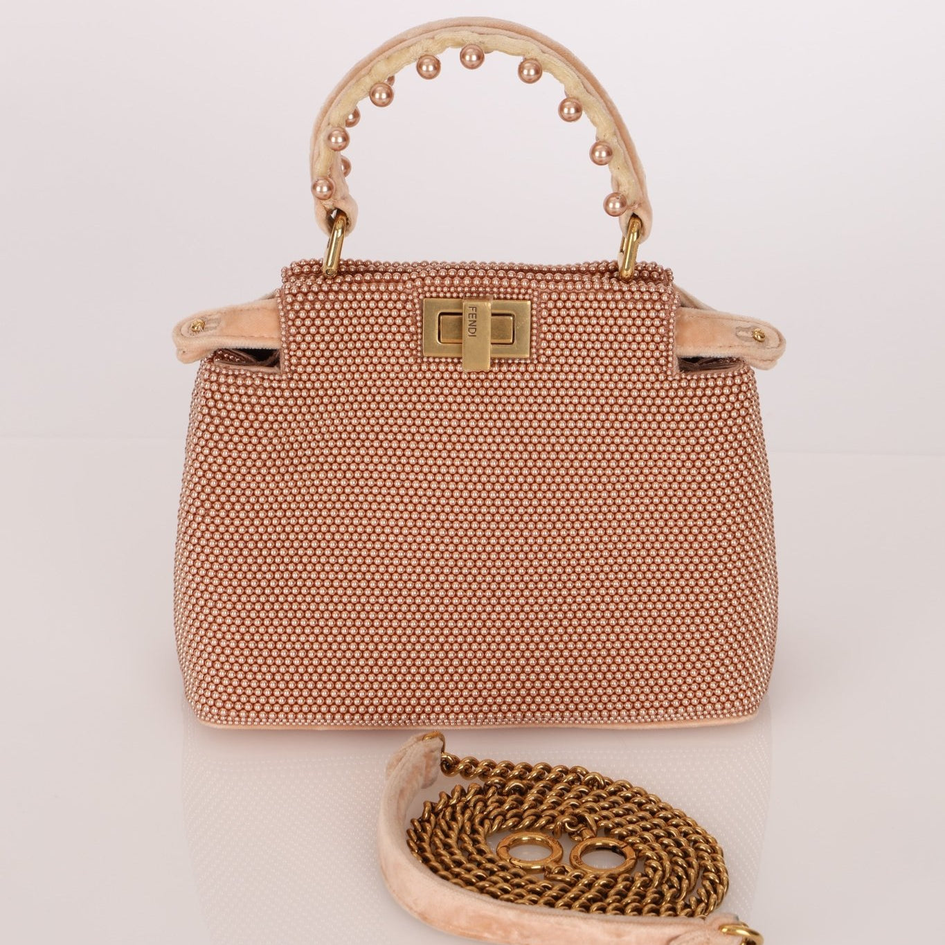 Ultra - Rare Fendi 2021 Haute Couture Light Pink Pearl and Velvet Small Peekaboo - FashioNica