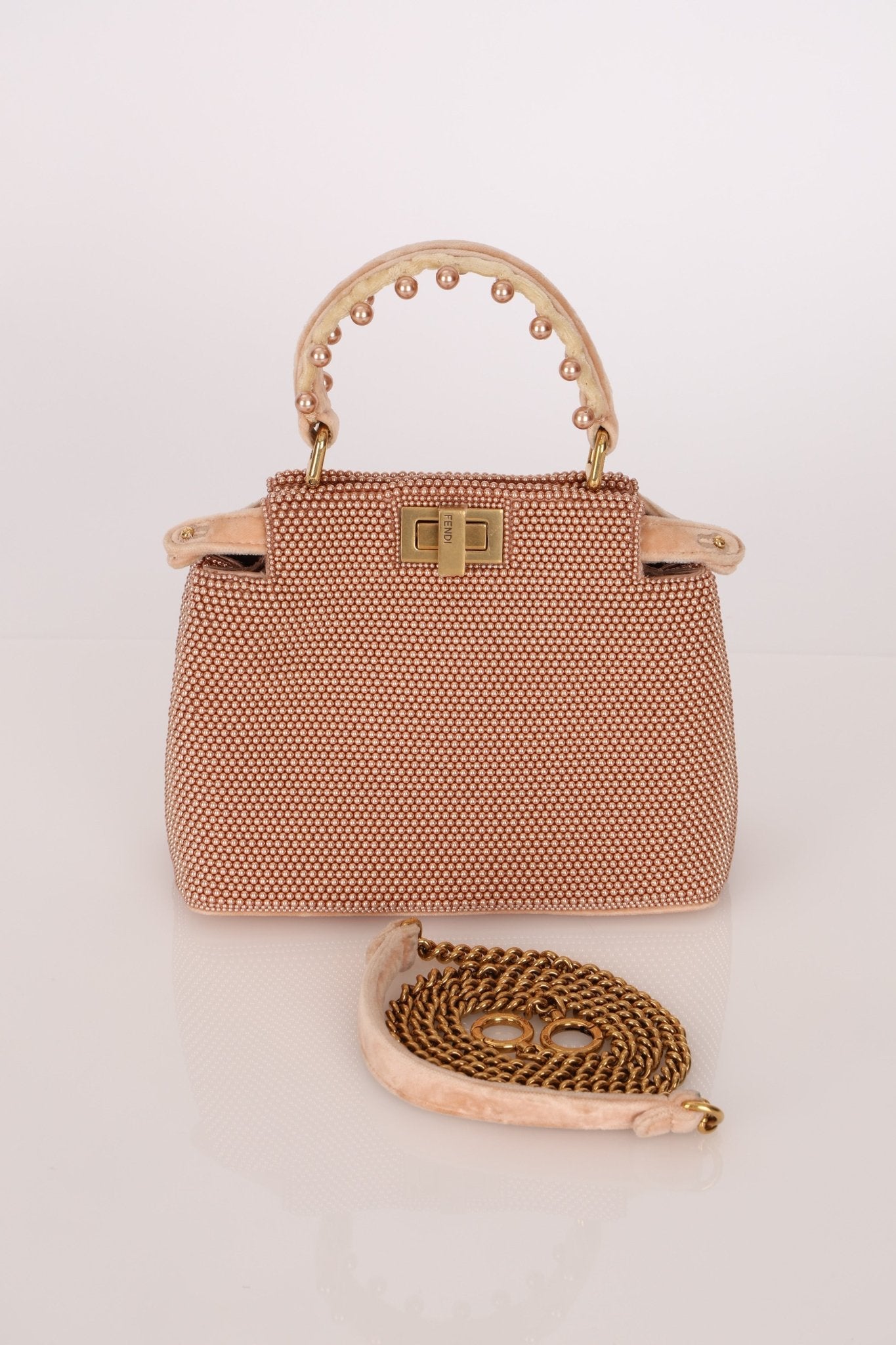 Ultra - Rare Fendi 2021 Haute Couture Light Pink Pearl and Velvet Small Peekaboo - FashioNica