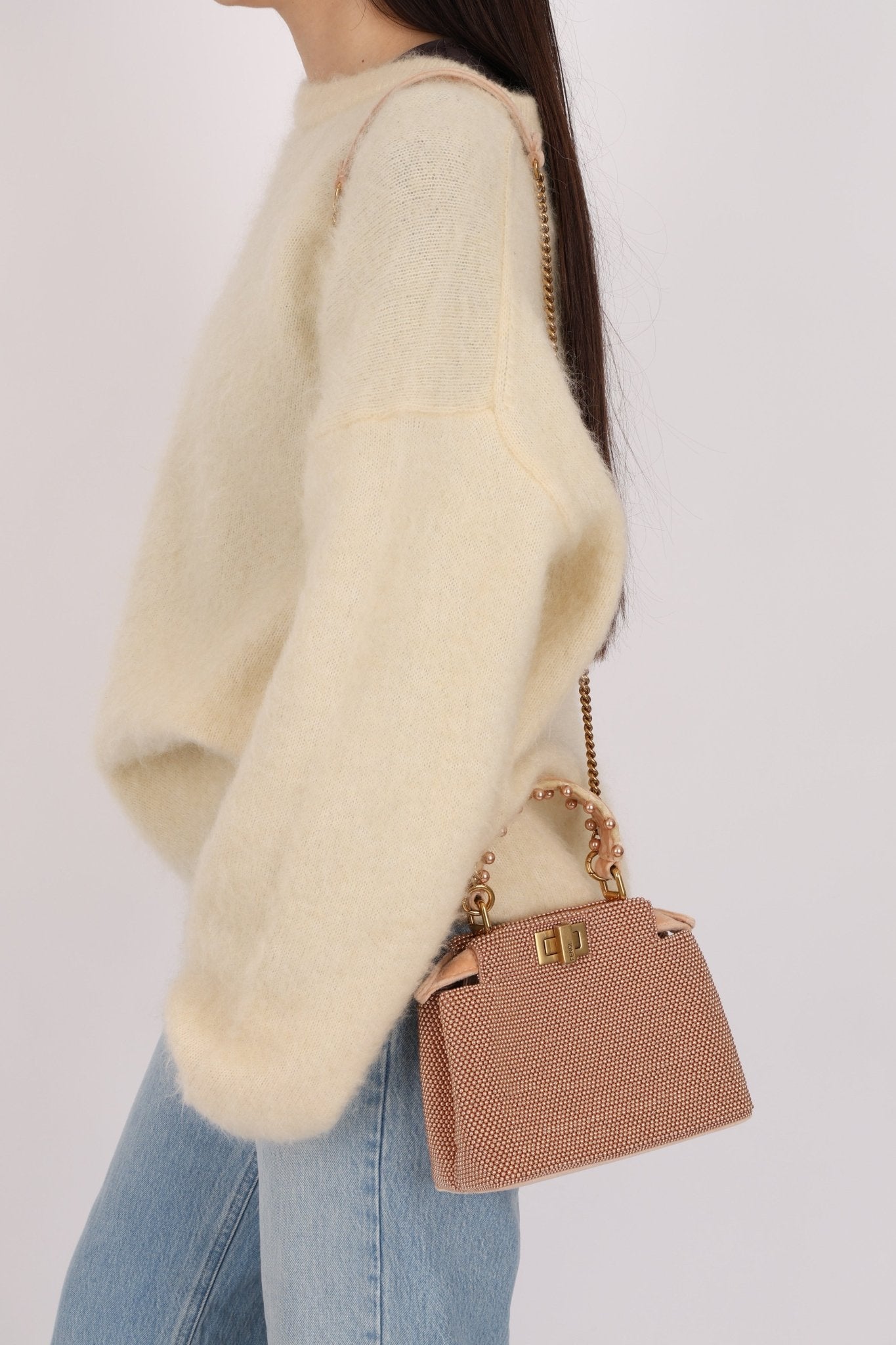 Ultra - Rare Fendi 2021 Haute Couture Light Pink Pearl and Velvet Small Peekaboo - FashioNica