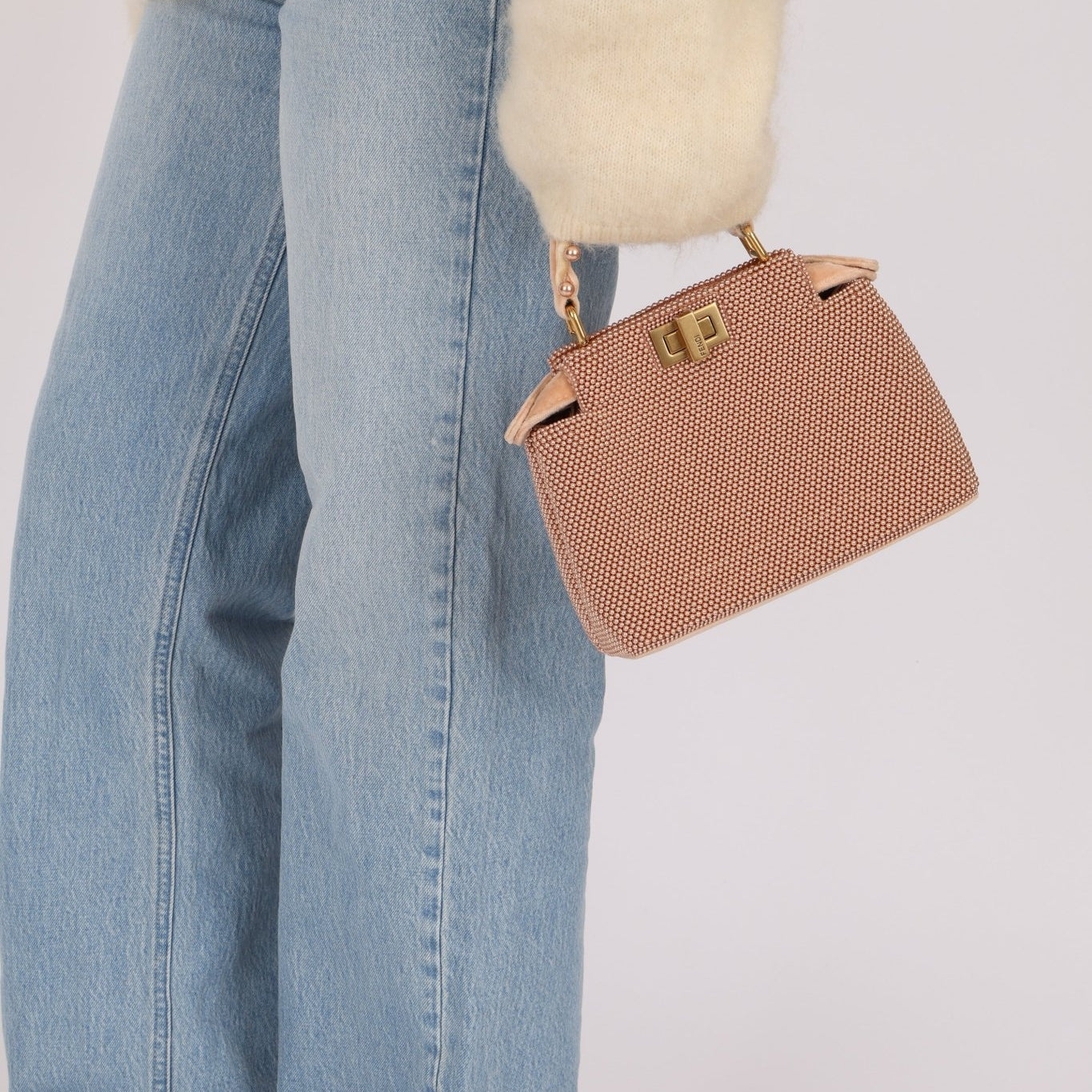 Ultra - Rare Fendi 2021 Haute Couture Light Pink Pearl and Velvet Small Peekaboo - FashioNica