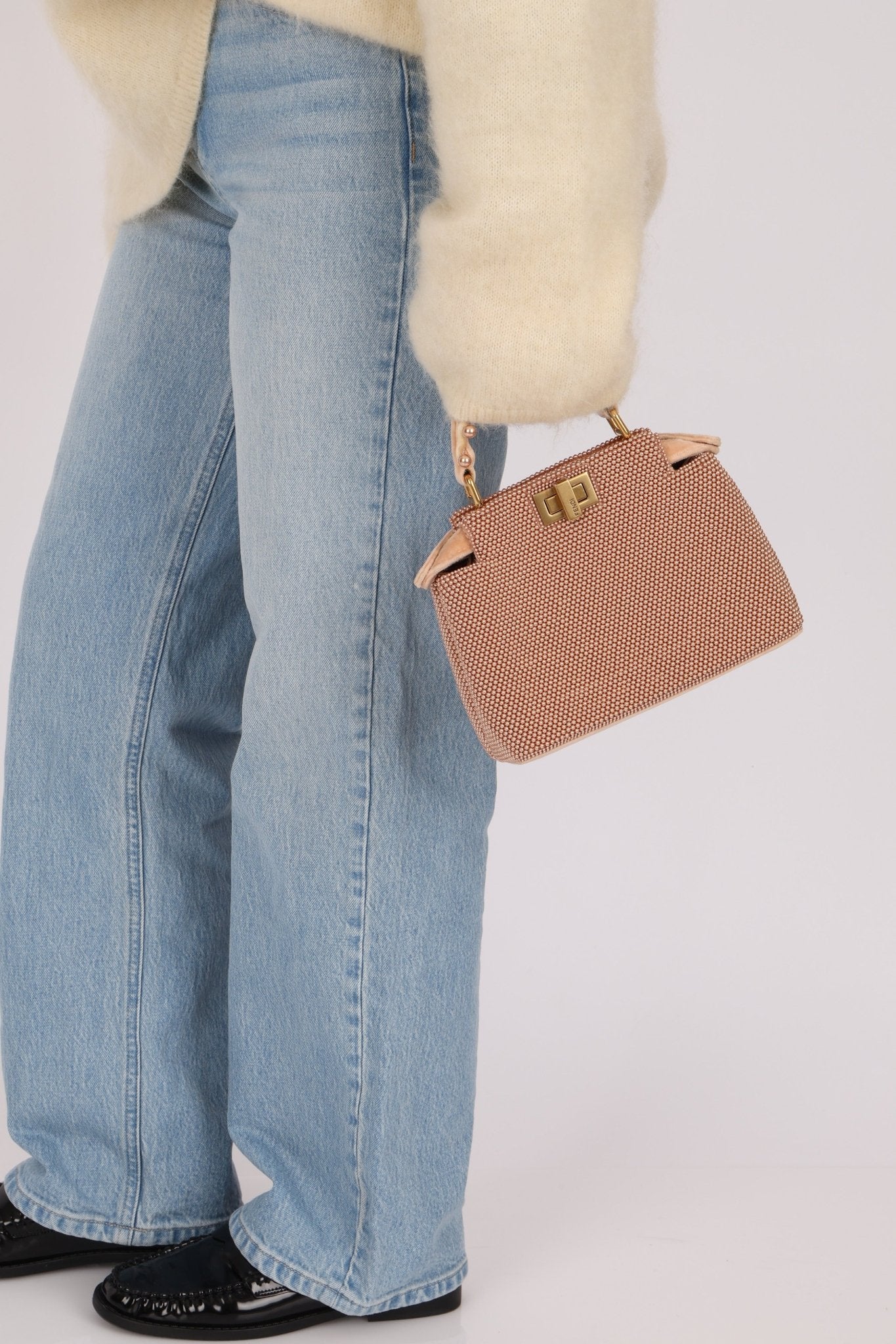 Ultra - Rare Fendi 2021 Haute Couture Light Pink Pearl and Velvet Small Peekaboo - FashioNica