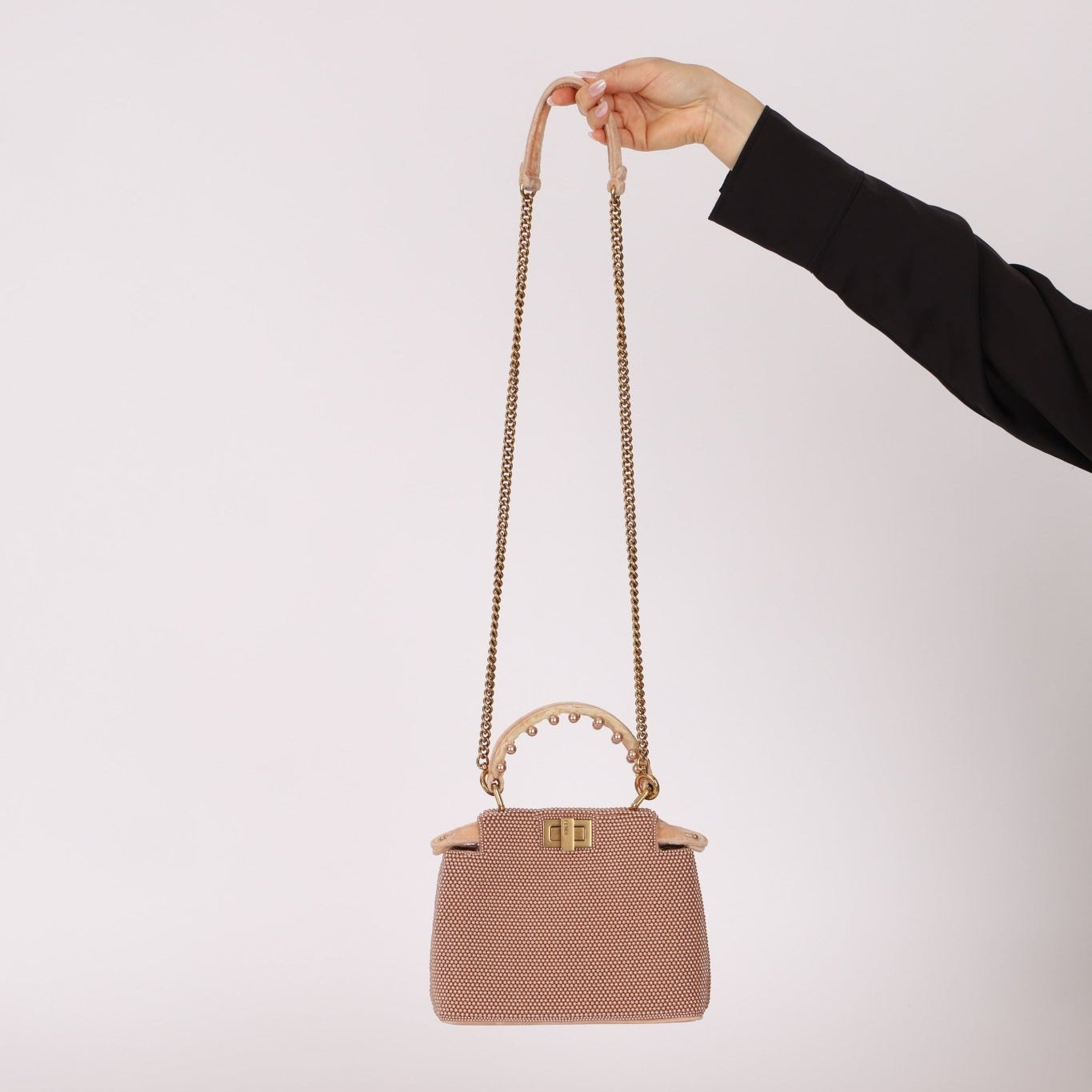 Ultra - Rare Fendi 2021 Haute Couture Light Pink Pearl and Velvet Small Peekaboo - FashioNica