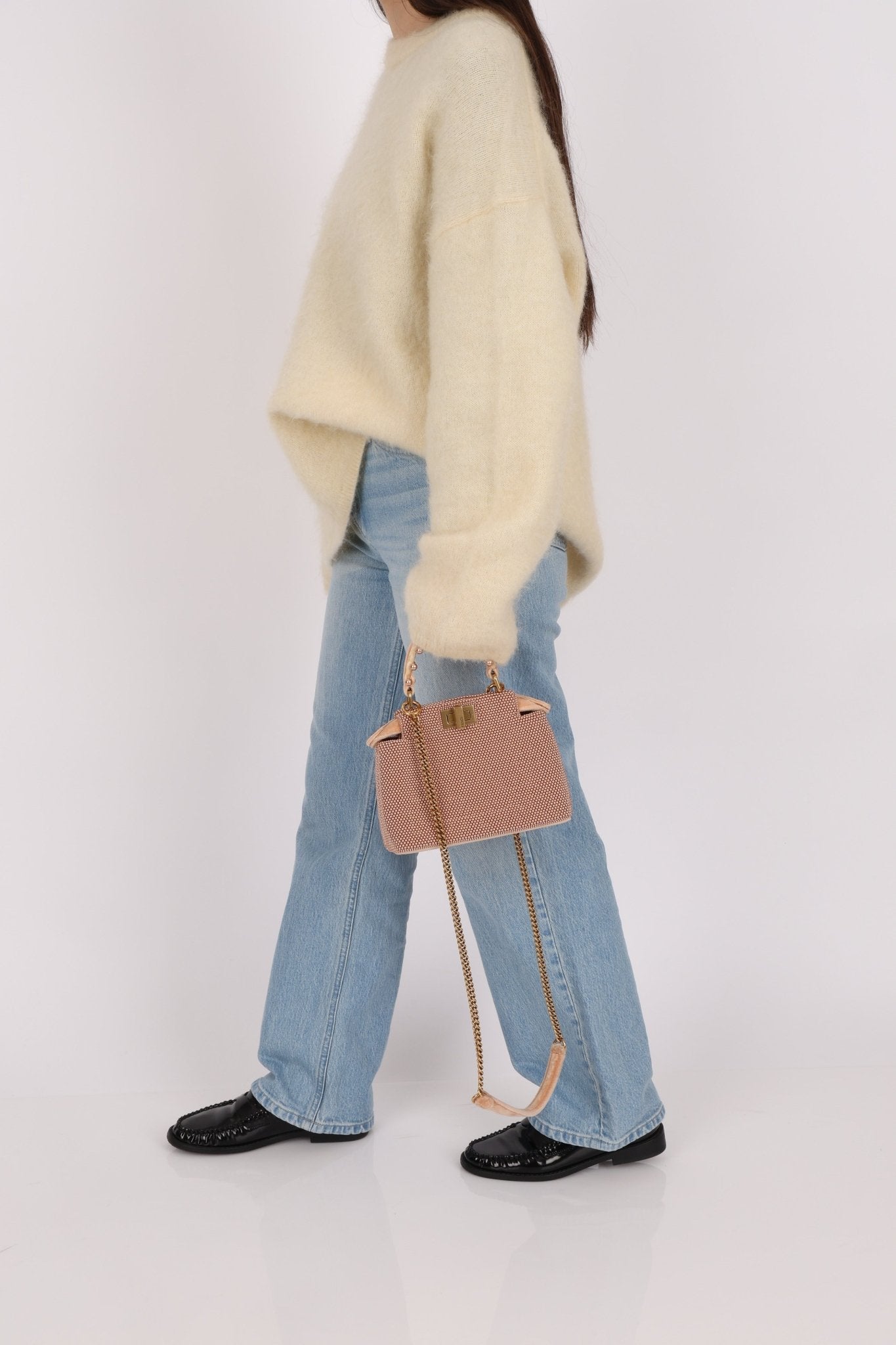 Ultra - Rare Fendi 2021 Haute Couture Light Pink Pearl and Velvet Small Peekaboo - FashioNica