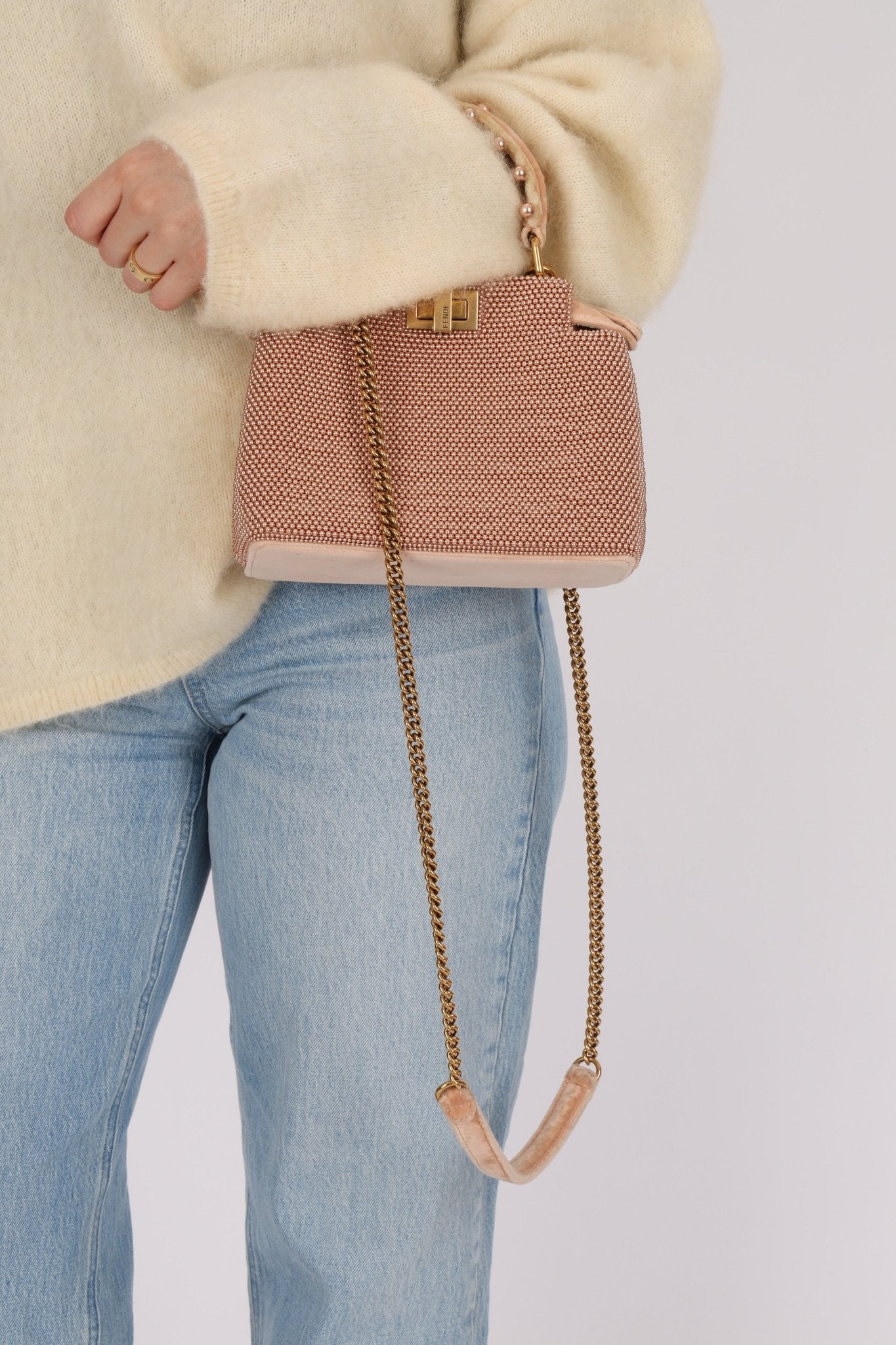 Ultra - Rare Fendi 2021 Haute Couture Light Pink Pearl and Velvet Small Peekaboo - FashioNica