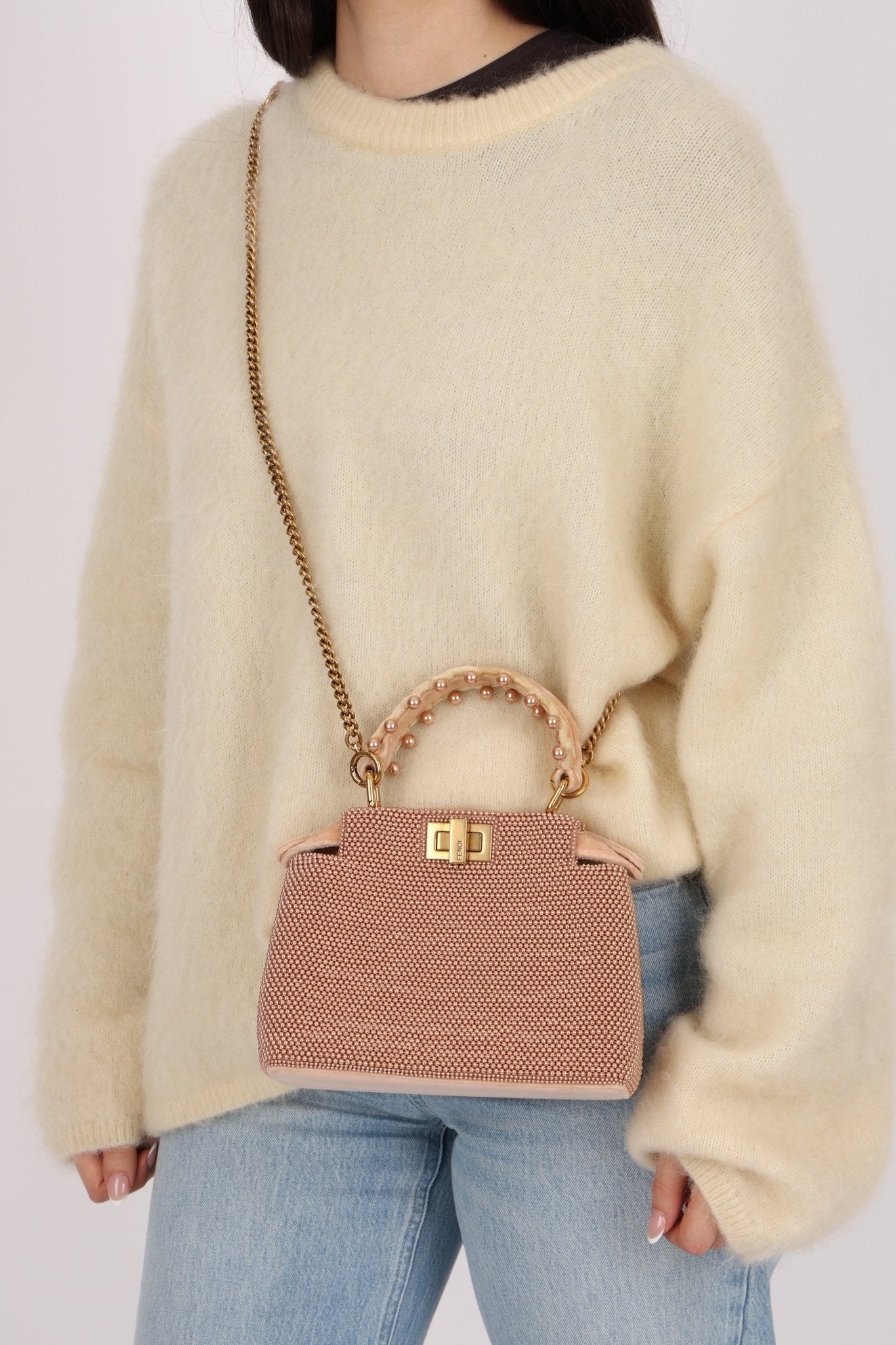 Ultra - Rare Fendi 2021 Haute Couture Light Pink Pearl and Velvet Small Peekaboo - FashioNica