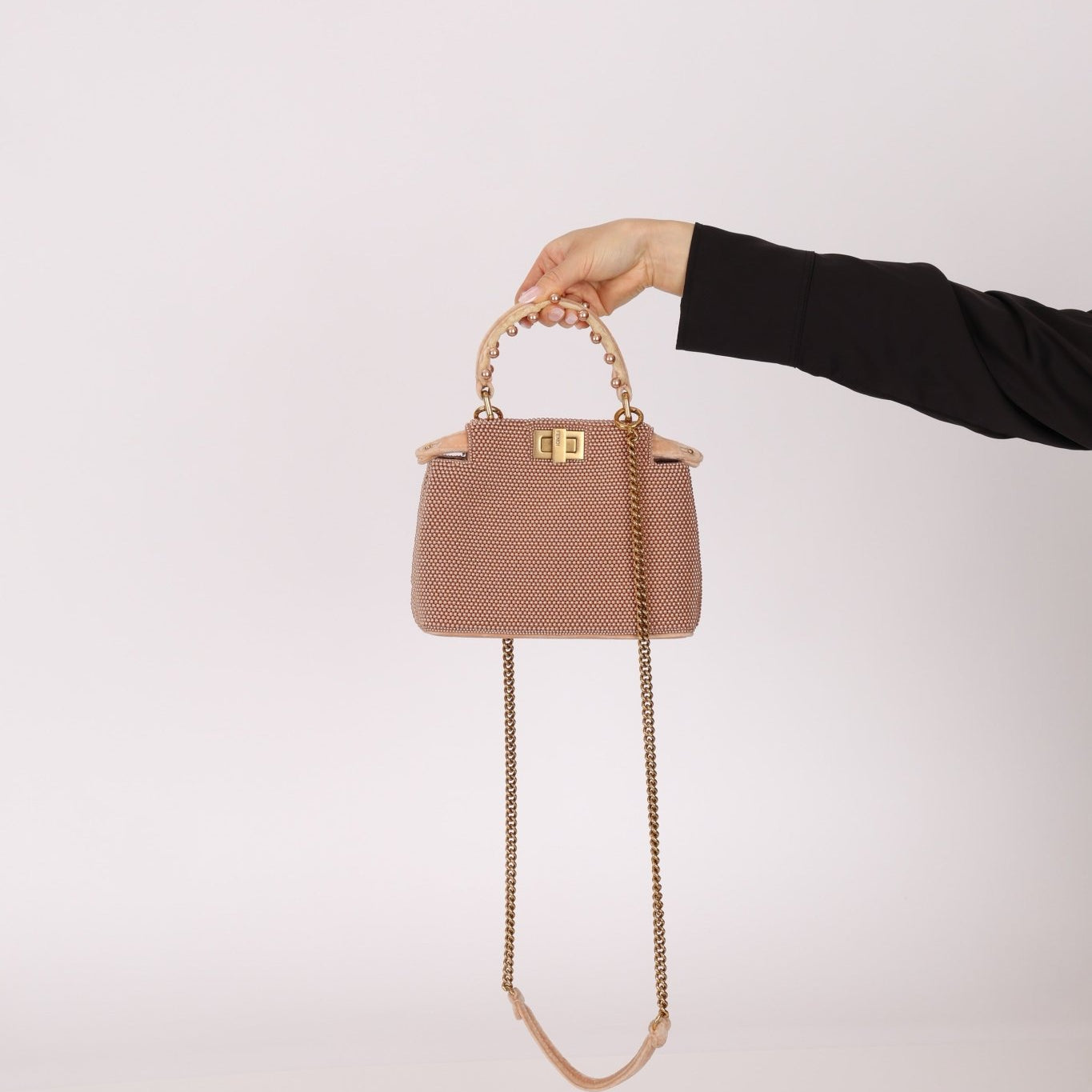 Ultra - Rare Fendi 2021 Haute Couture Light Pink Pearl and Velvet Small Peekaboo - FashioNica