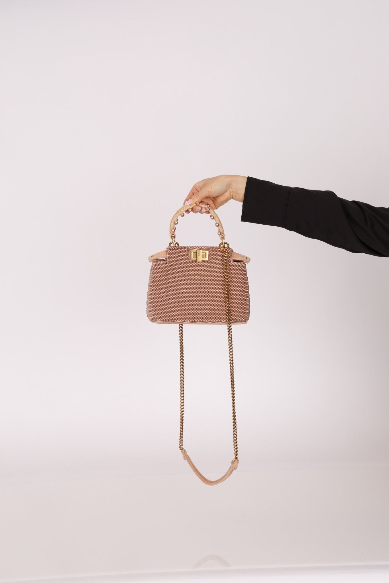 Ultra - Rare Fendi 2021 Haute Couture Light Pink Pearl and Velvet Small Peekaboo - FashioNica