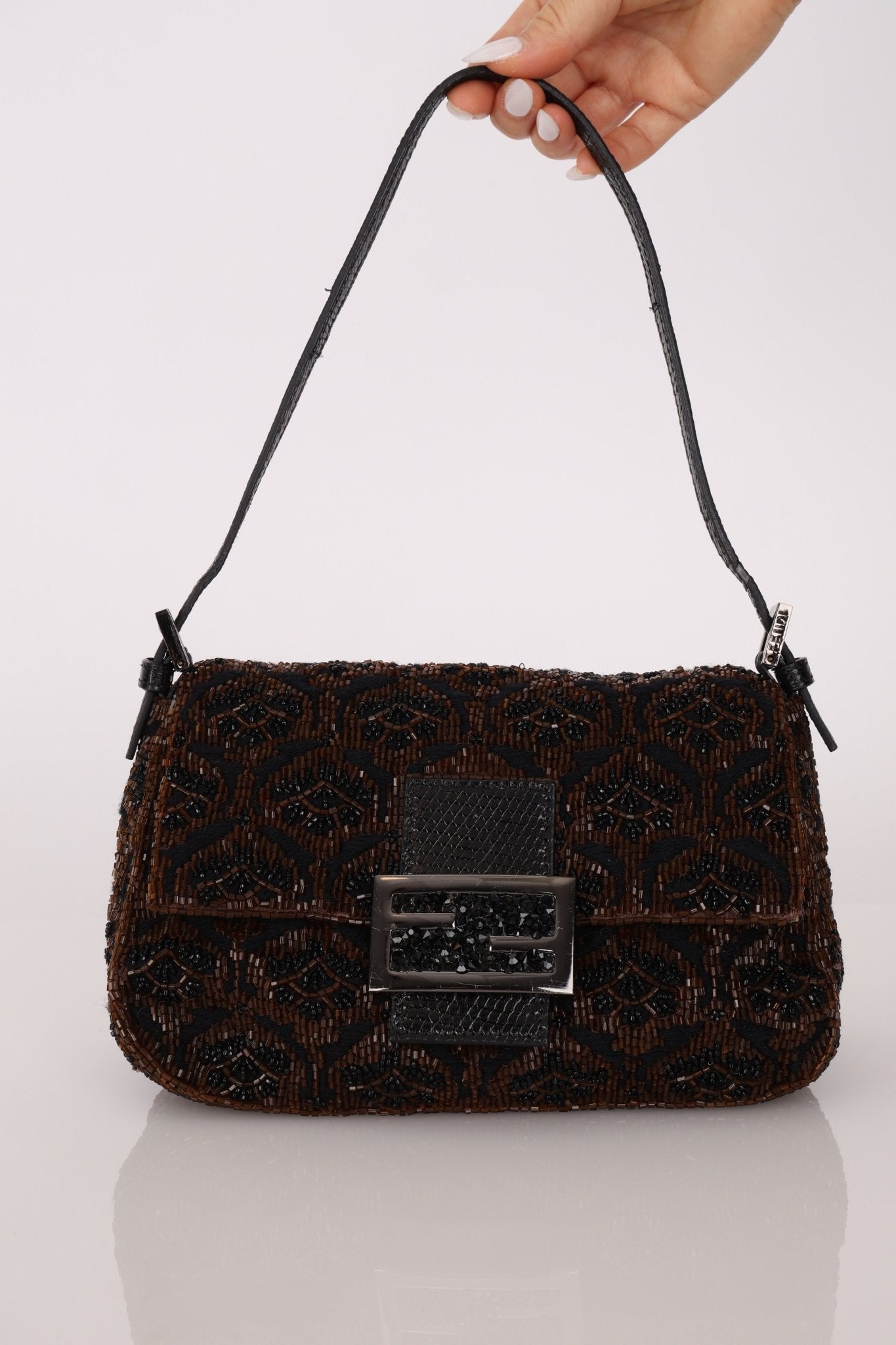 Ultra - Rare Fendi Brown Beaded, Lizard, & Crystal Floral Baguette - FashioNica