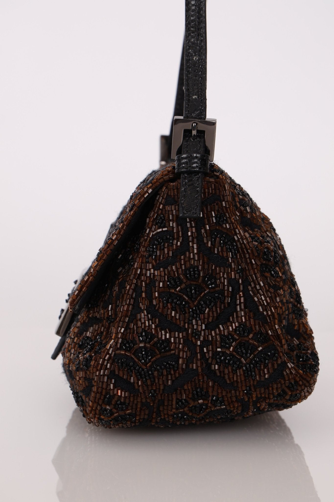 Ultra - Rare Fendi Brown Beaded, Lizard, & Crystal Floral Baguette - FashioNica