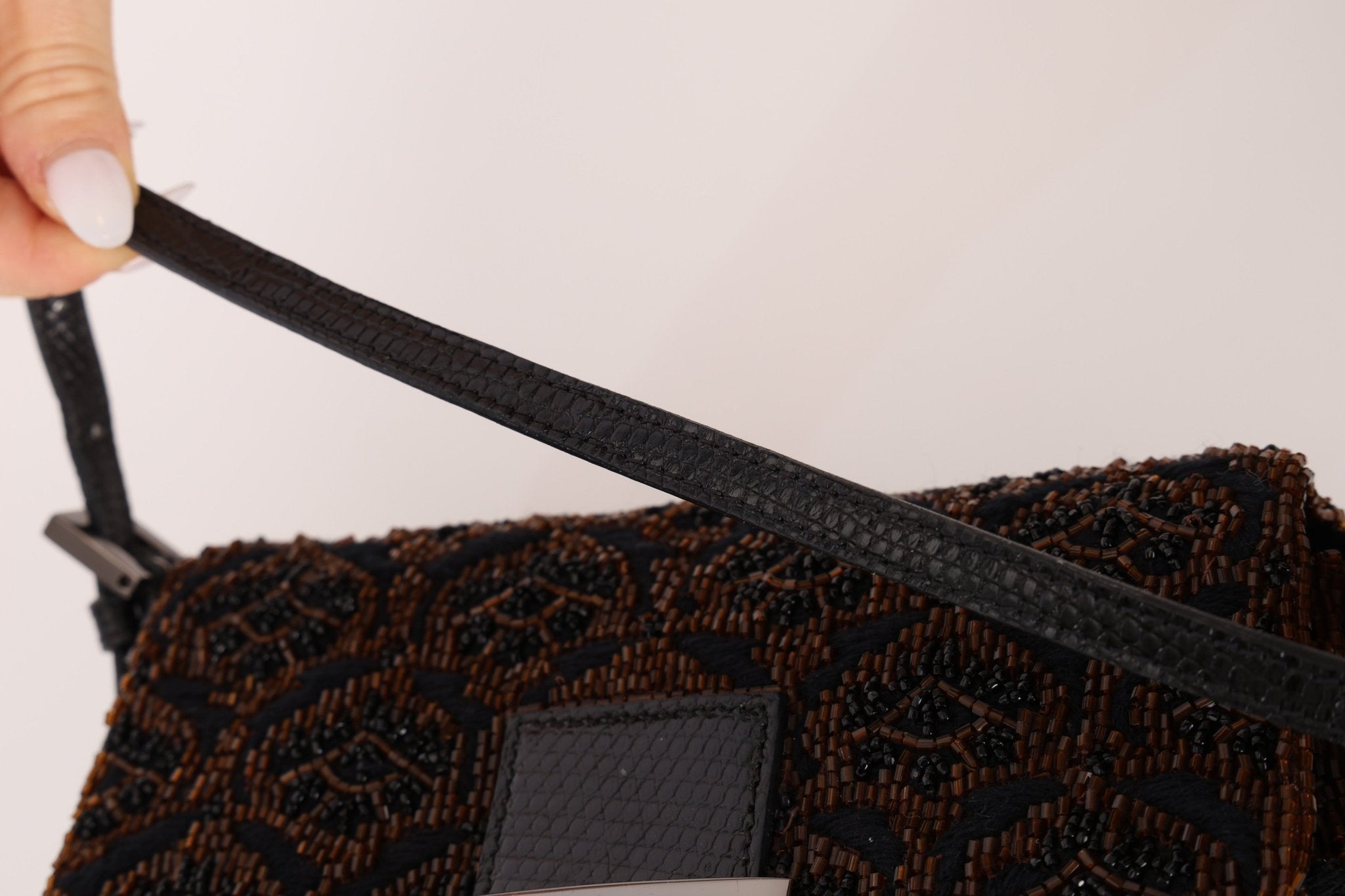 Ultra - Rare Fendi Brown Beaded, Lizard, & Crystal Floral Baguette - FashioNica