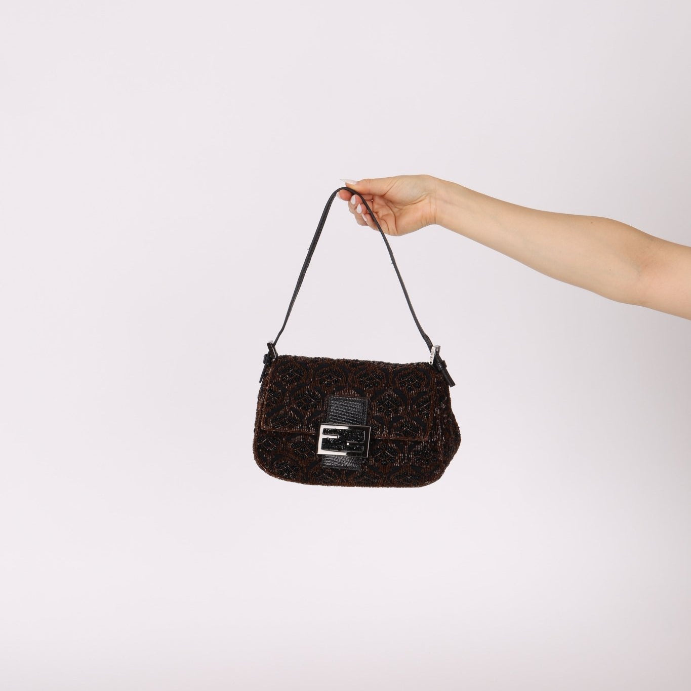 Ultra - Rare Fendi Brown Beaded, Lizard, & Crystal Floral Baguette - FashioNica