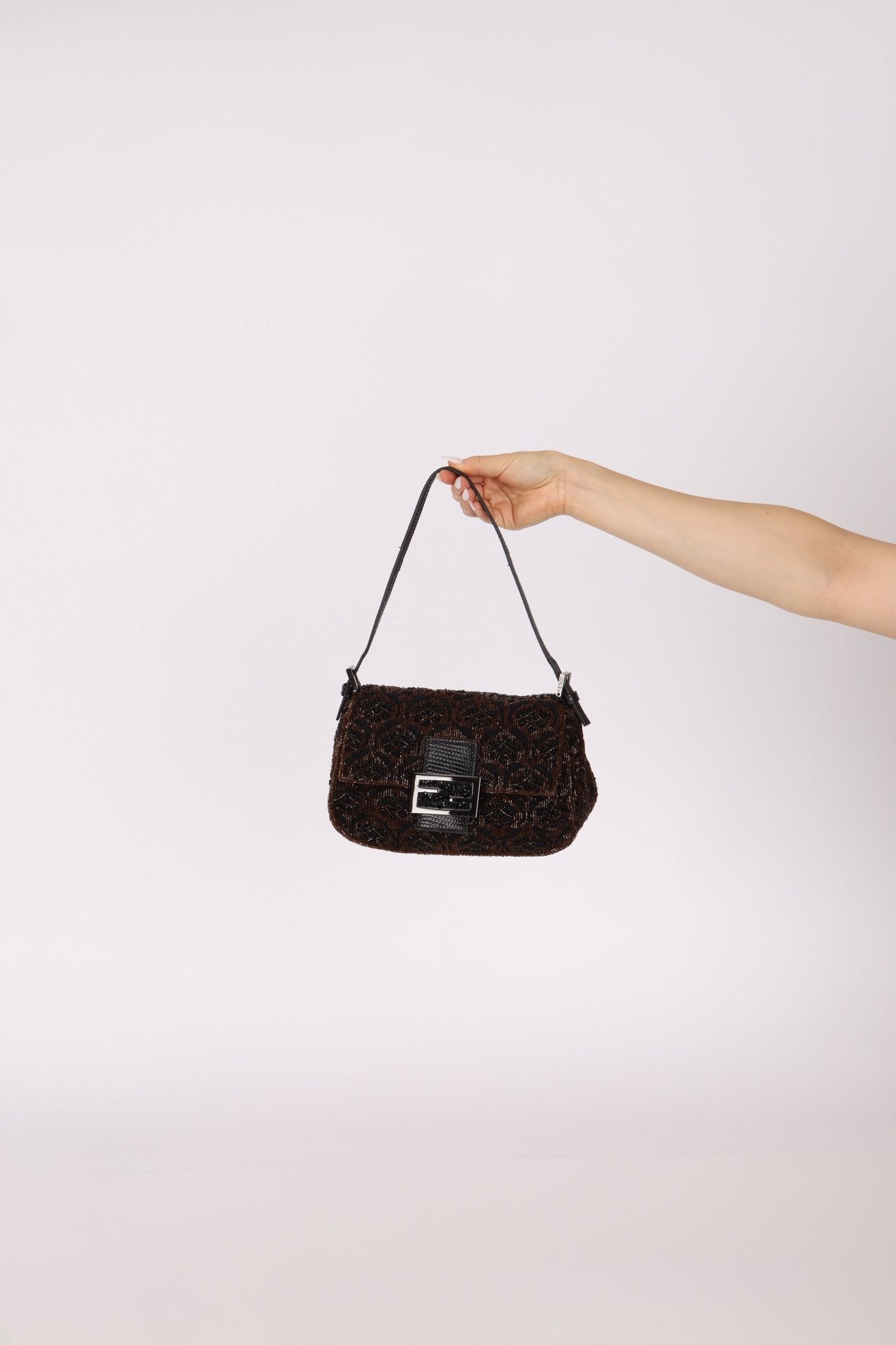 Ultra - Rare Fendi Brown Beaded, Lizard, & Crystal Floral Baguette - FashioNica