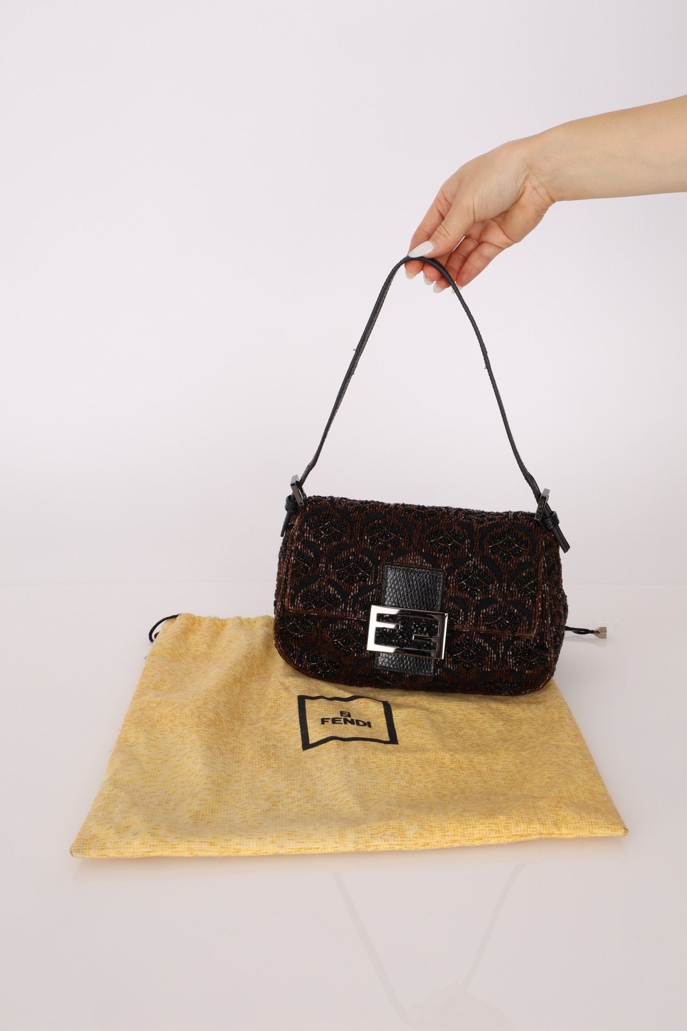 Ultra - Rare Fendi Brown Beaded, Lizard, & Crystal Floral Baguette - FashioNica
