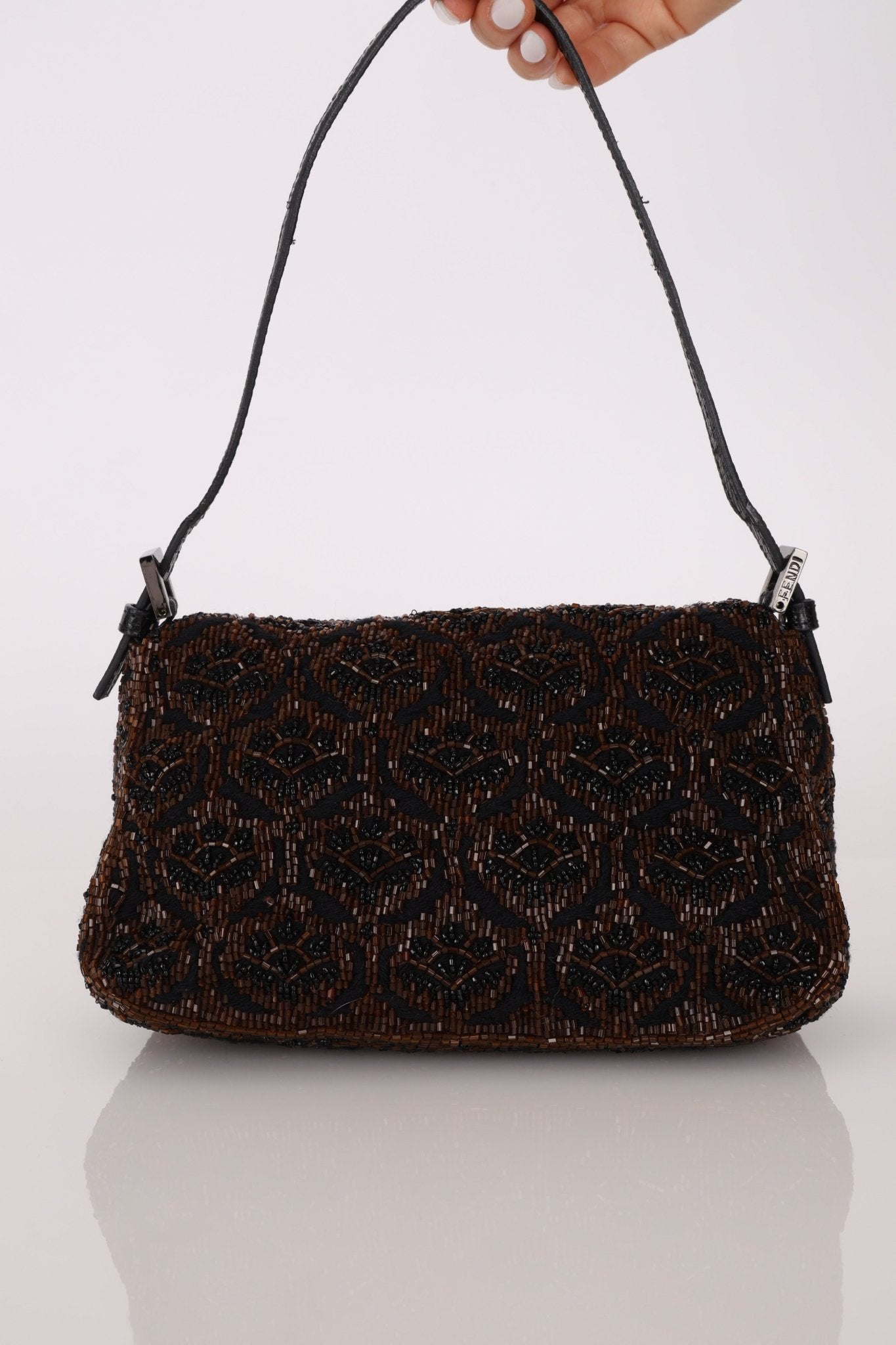 Ultra - Rare Fendi Brown Beaded, Lizard, & Crystal Floral Baguette - FashioNica