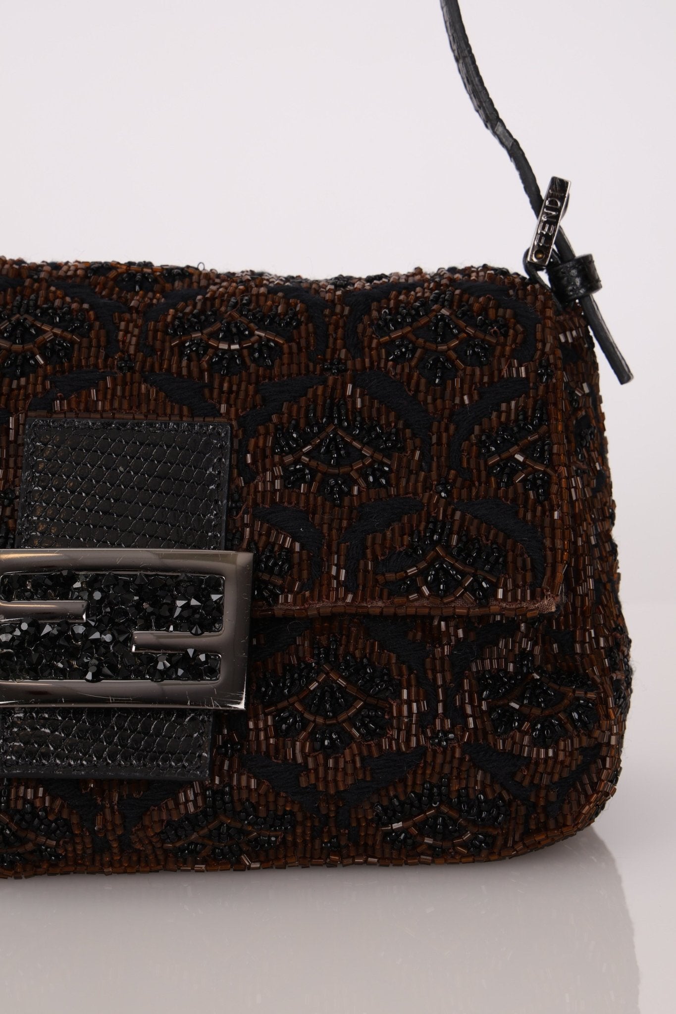 Ultra - Rare Fendi Brown Beaded, Lizard, & Crystal Floral Baguette - FashioNica