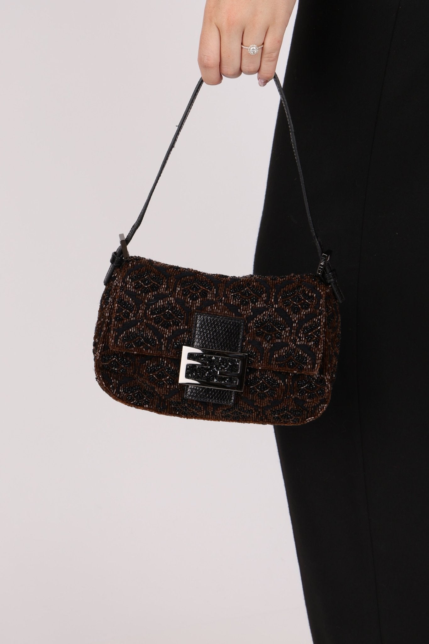 Ultra - Rare Fendi Brown Beaded, Lizard, & Crystal Floral Baguette - FashioNica