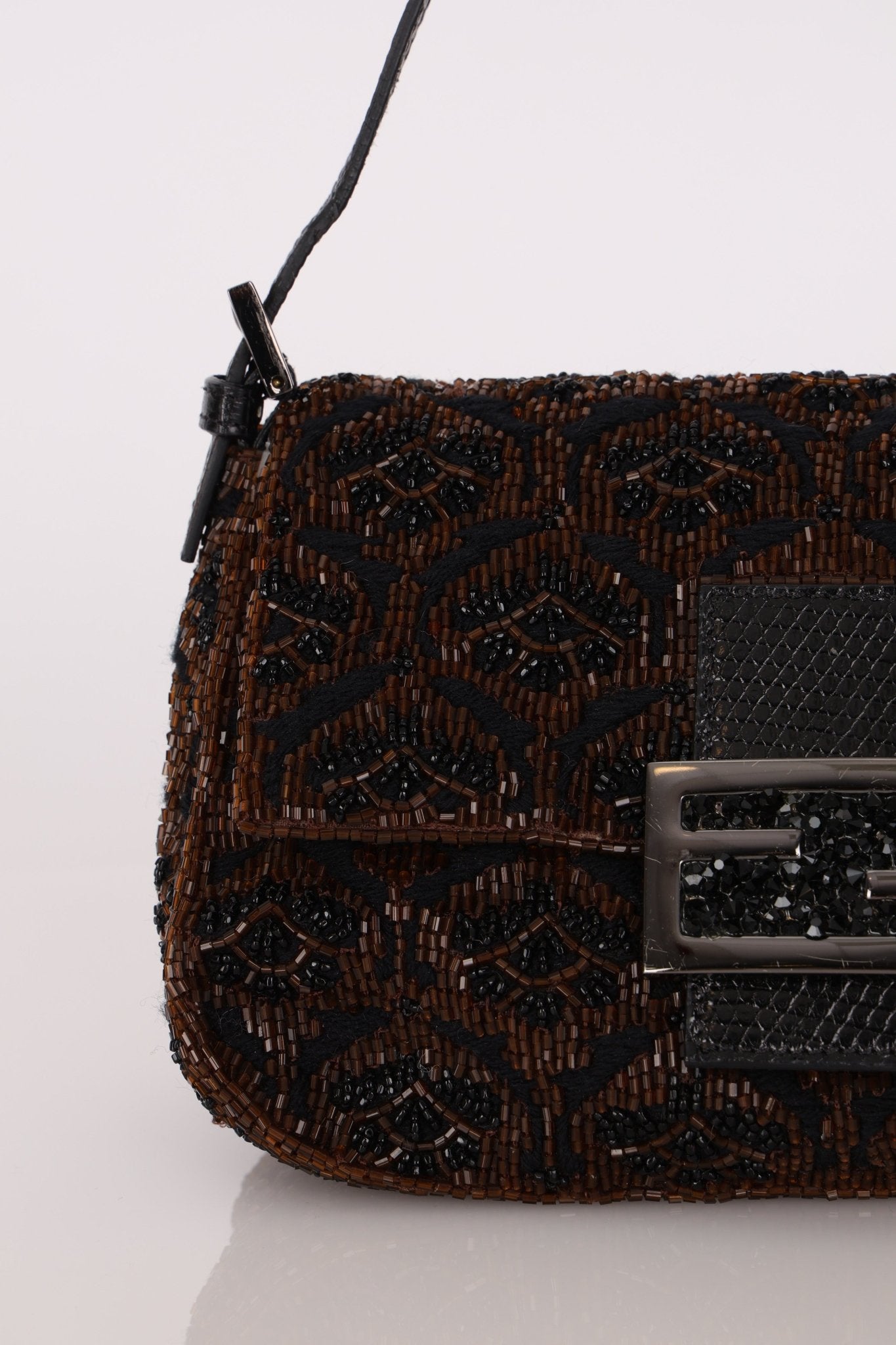 Ultra - Rare Fendi Brown Beaded, Lizard, & Crystal Floral Baguette - FashioNica