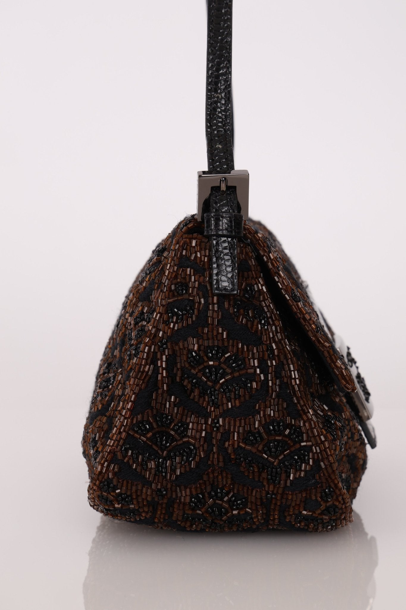 Ultra - Rare Fendi Brown Beaded, Lizard, & Crystal Floral Baguette - FashioNica