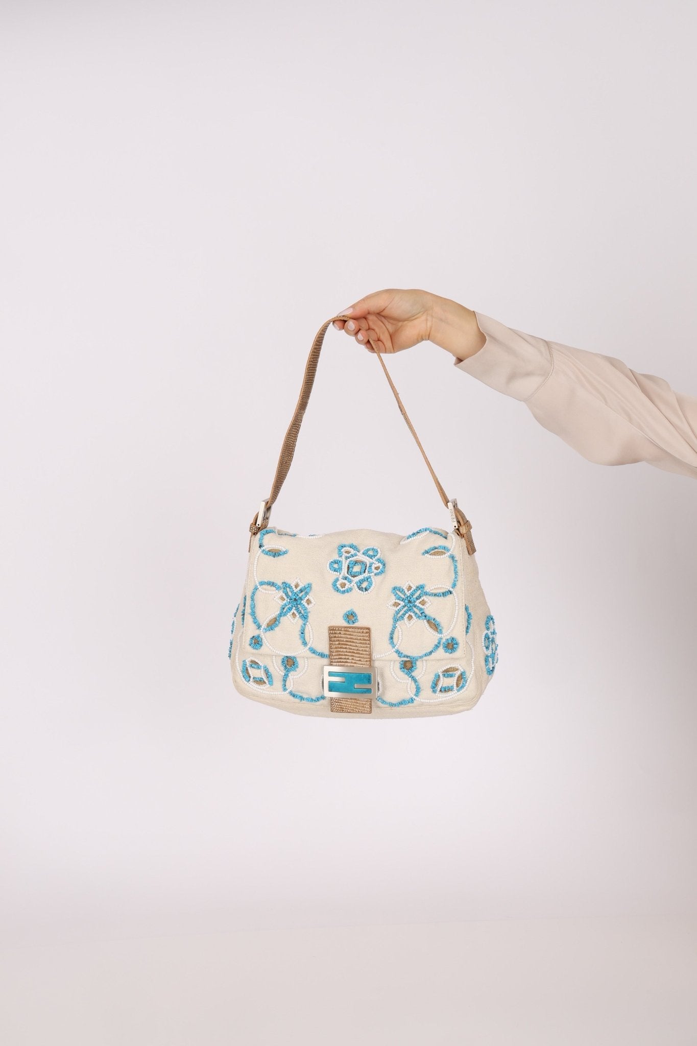 Ultra - Rare Fendi Linen Floral & Lizard Beaded Mamma Baguette - FashioNica