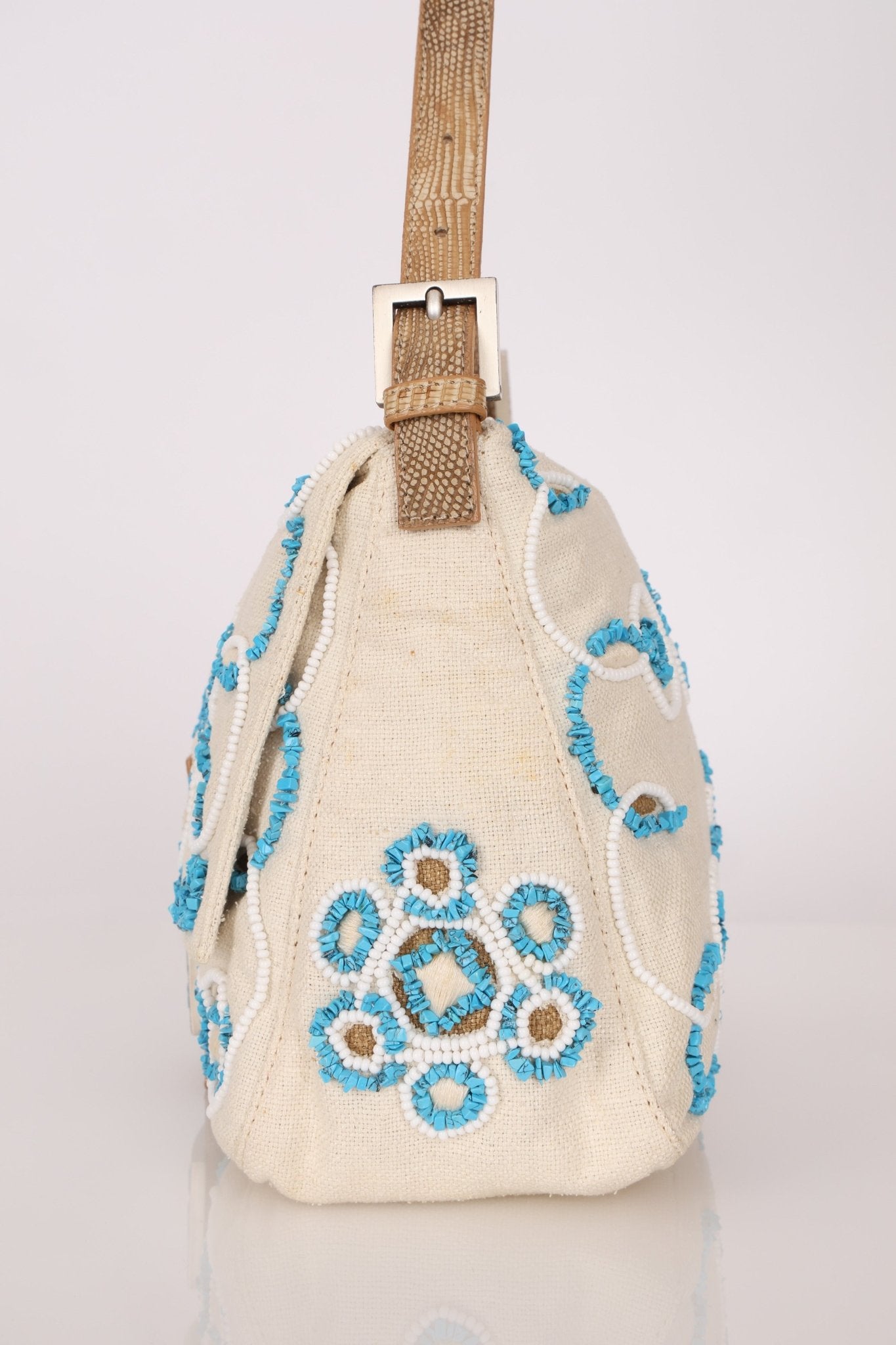 Ultra - Rare Fendi Linen Floral & Lizard Beaded Mamma Baguette - FashioNica