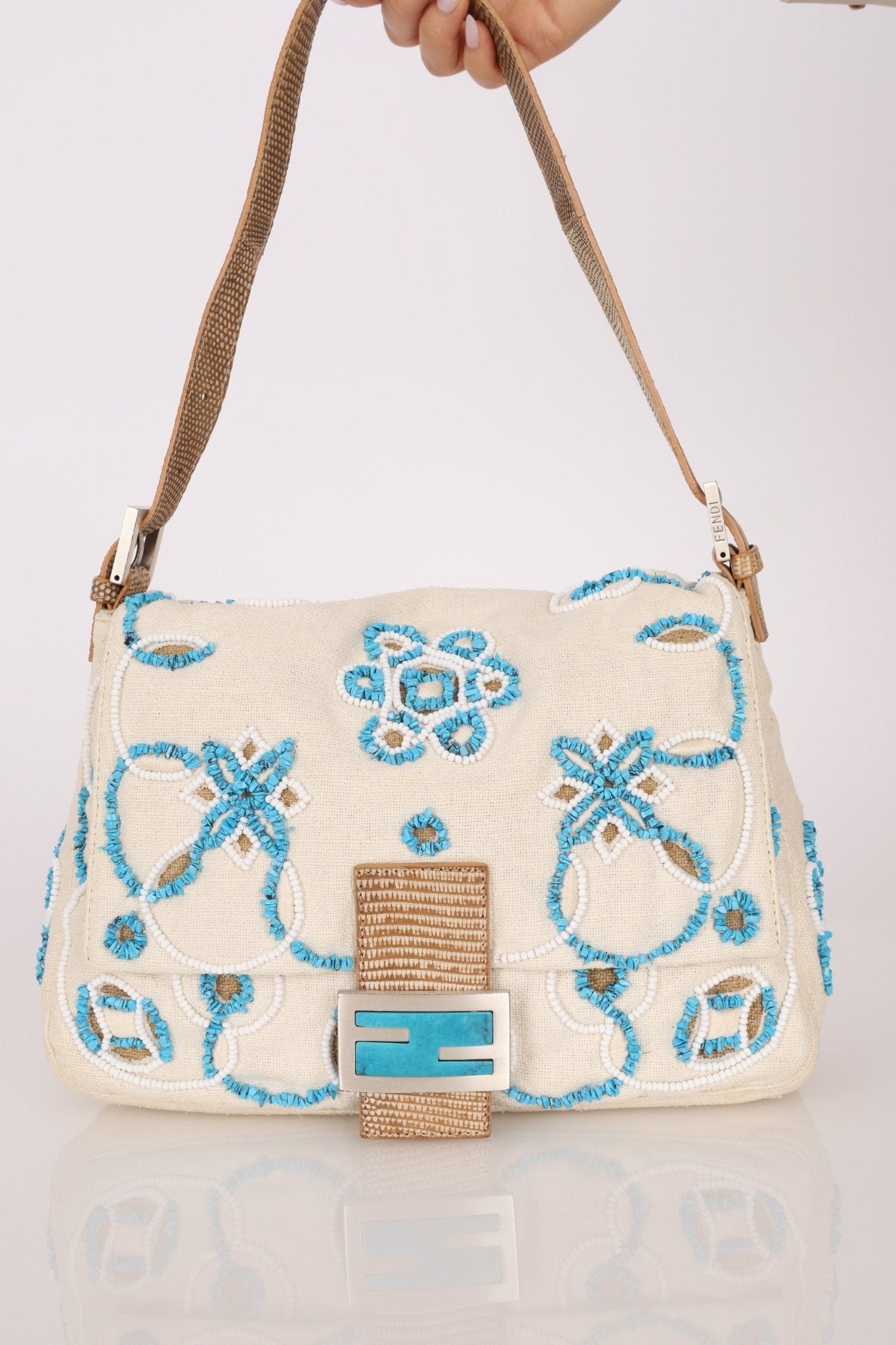 Ultra - Rare Fendi Linen Floral & Lizard Beaded Mamma Baguette - FashioNica