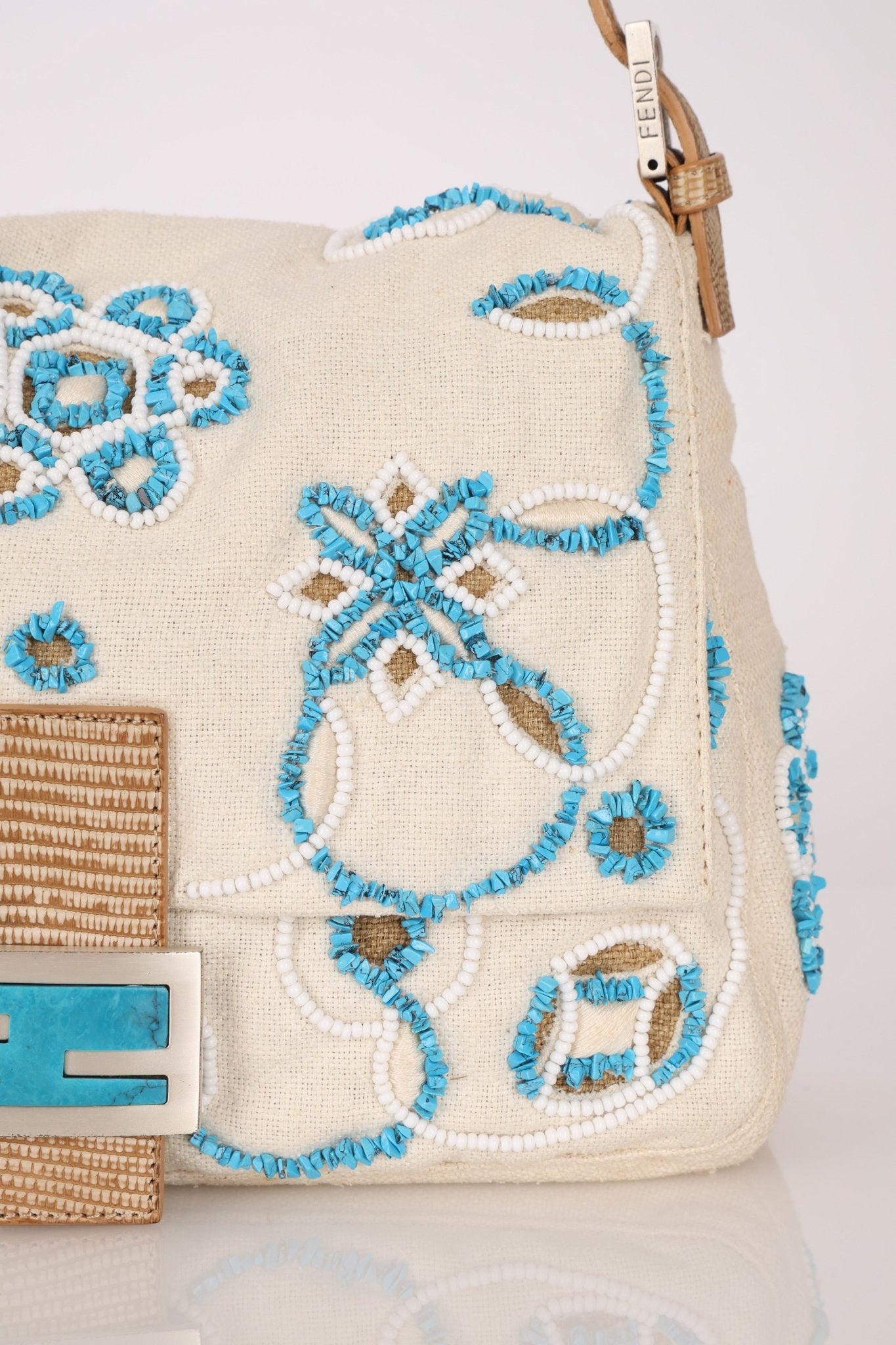 Ultra - Rare Fendi Linen Floral & Lizard Beaded Mamma Baguette - FashioNica