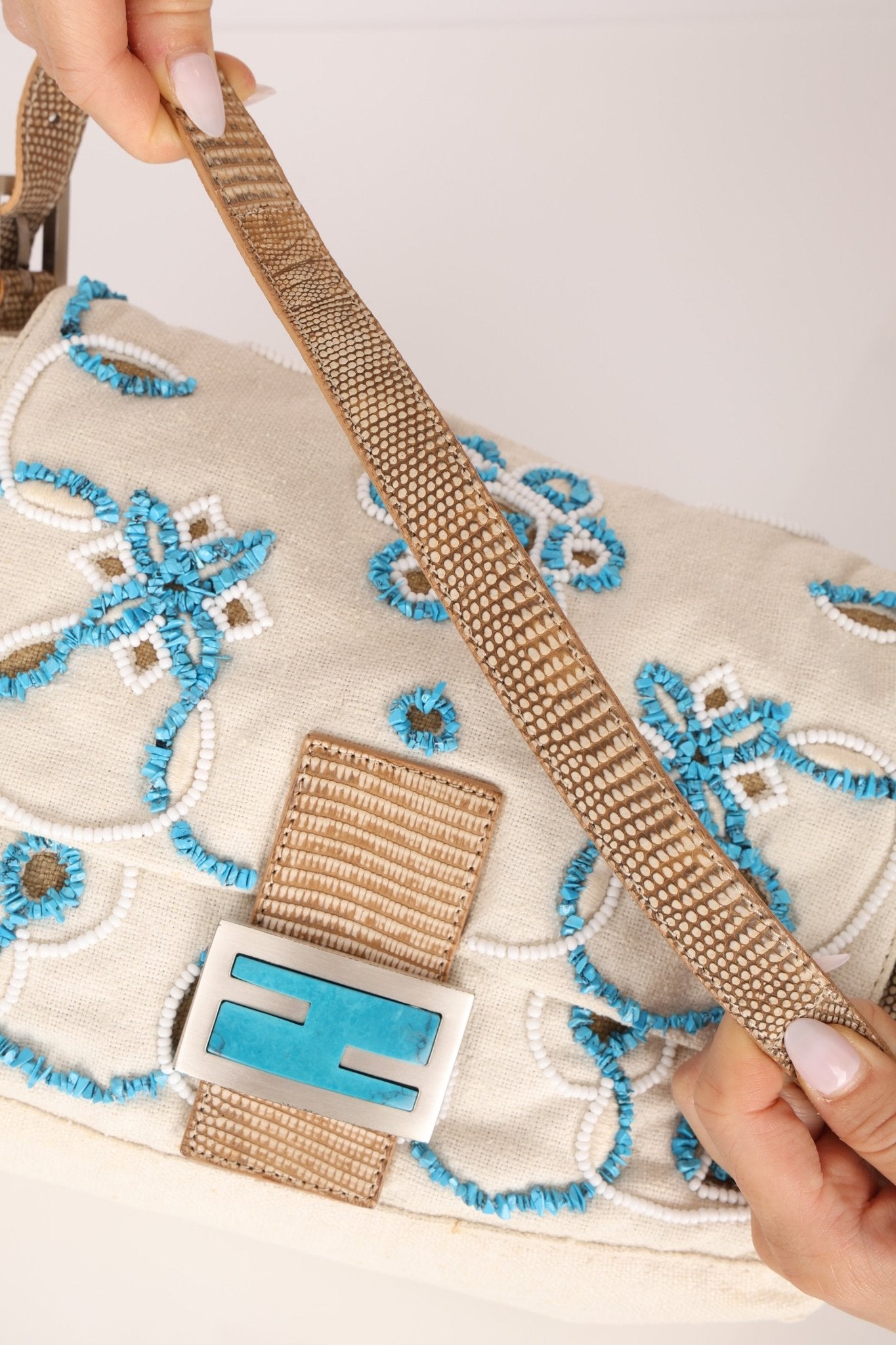 Ultra - Rare Fendi Linen Floral & Lizard Beaded Mamma Baguette - FashioNica