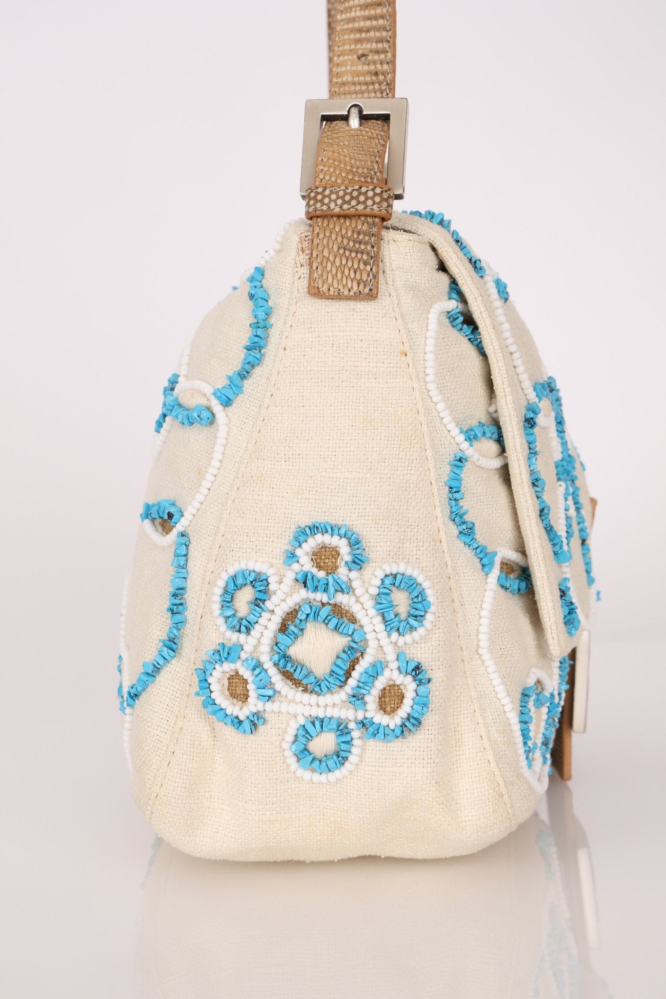 Ultra - Rare Fendi Linen Floral & Lizard Beaded Mamma Baguette - FashioNica