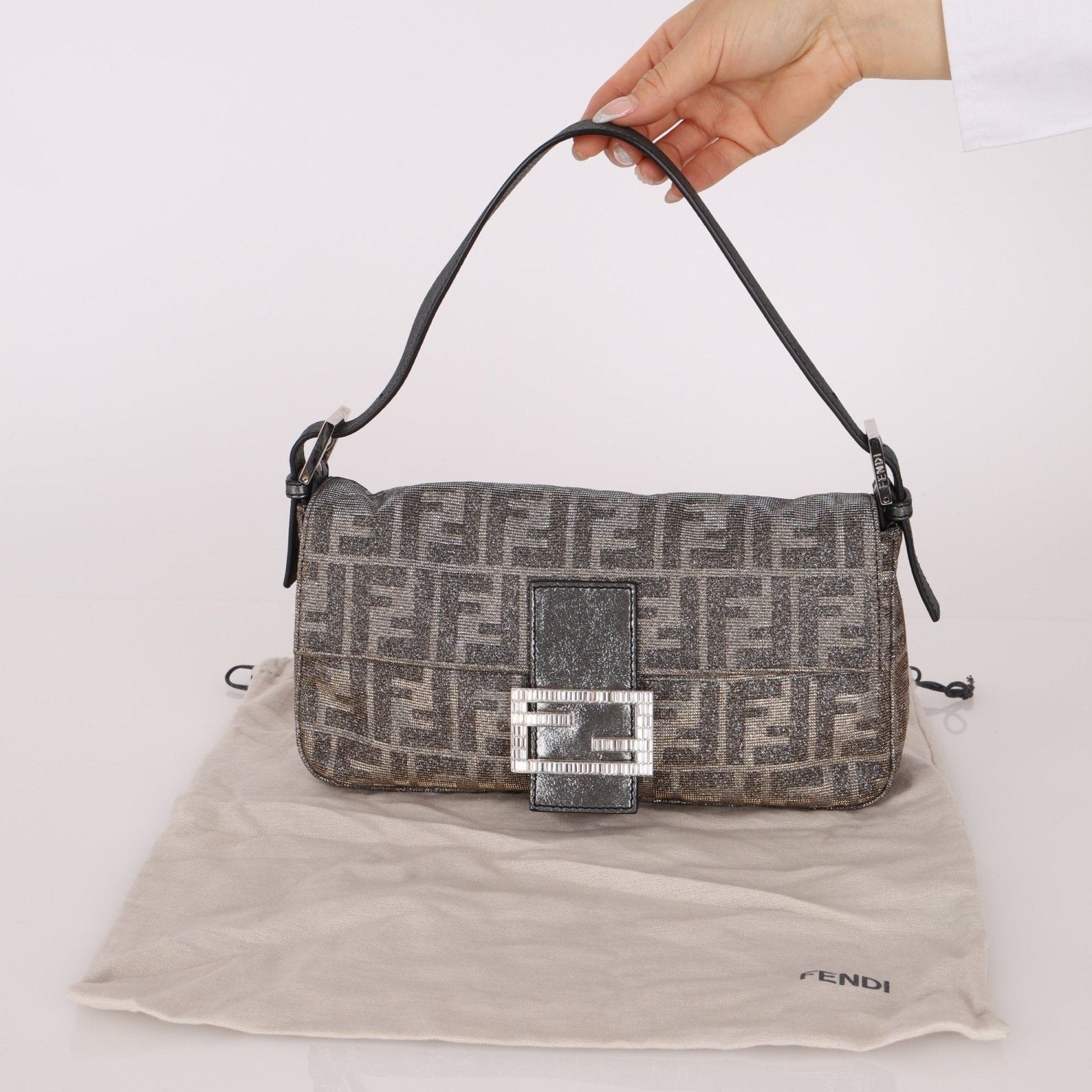 Ultra - Rare Fendi Zucca Metallic Crystal Baguette - FashioNica