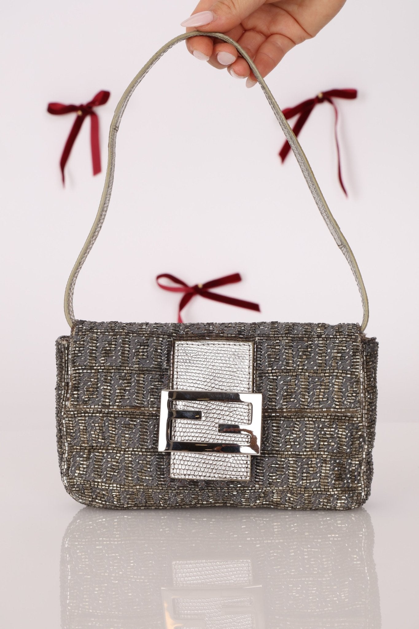 Ultra - Rare Fendi Zucchino Beaded Mini Baguette on Lizard Strap - FashioNica