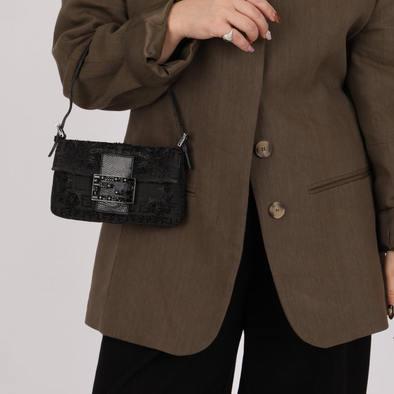 Ultra - Rare Fendi Zucchino Black Floral Beaded, Lizard, & Crystal Mini Baguette - FashioNica