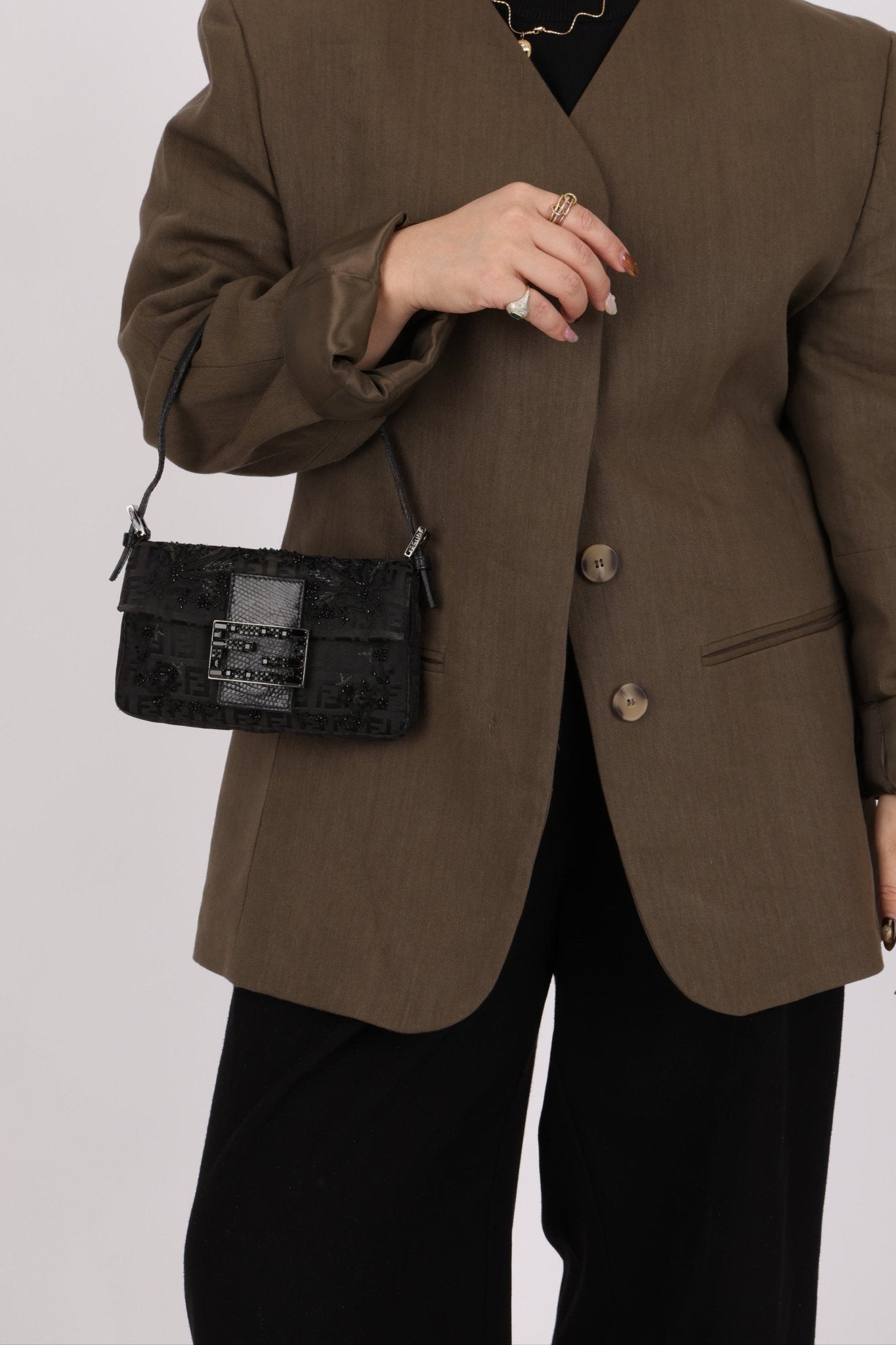 Ultra - Rare Fendi Zucchino Black Floral Beaded, Lizard, & Crystal Mini Baguette - FashioNica