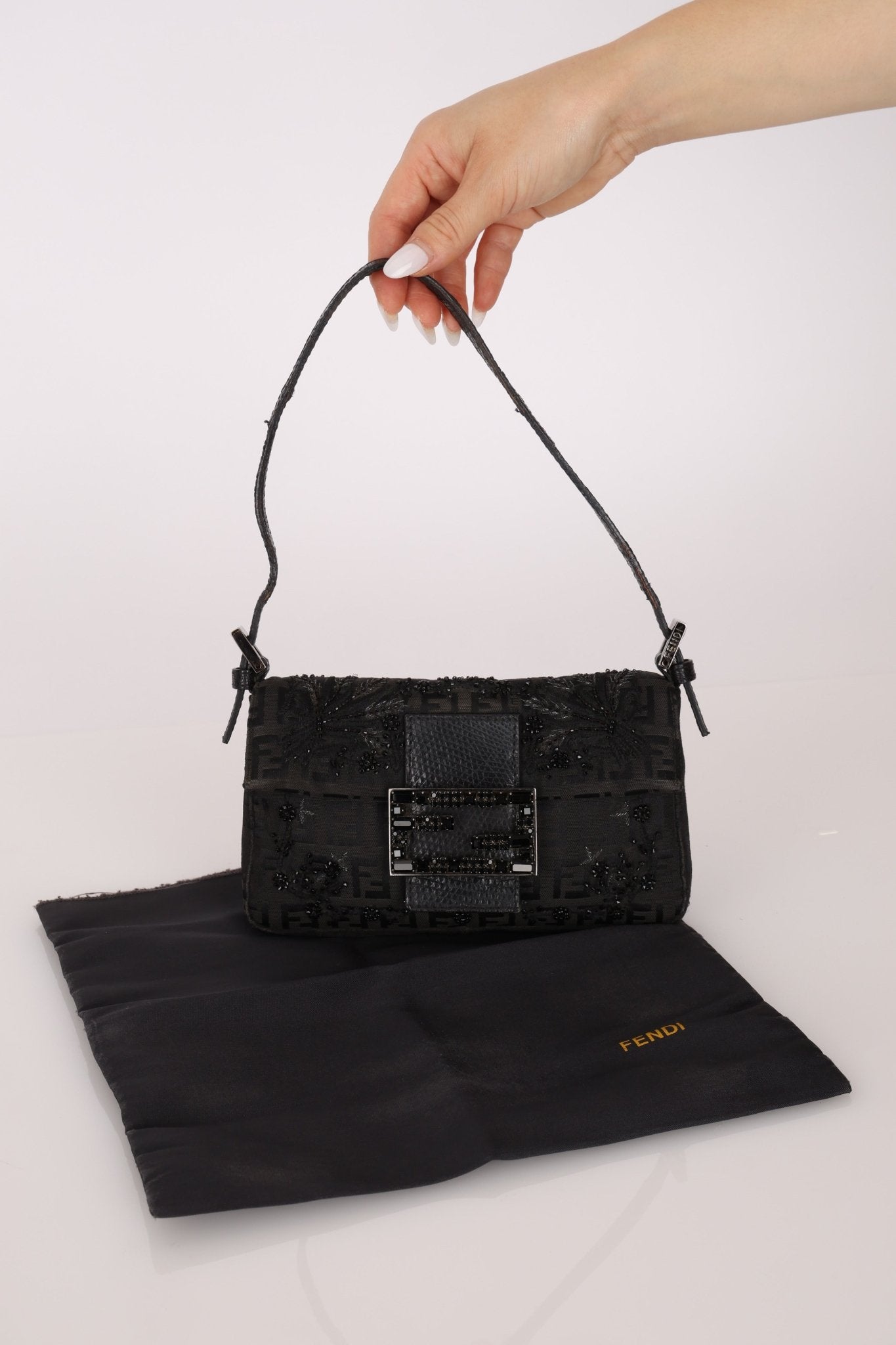 Ultra - Rare Fendi Zucchino Black Floral Beaded, Lizard, & Crystal Mini Baguette - FashioNica