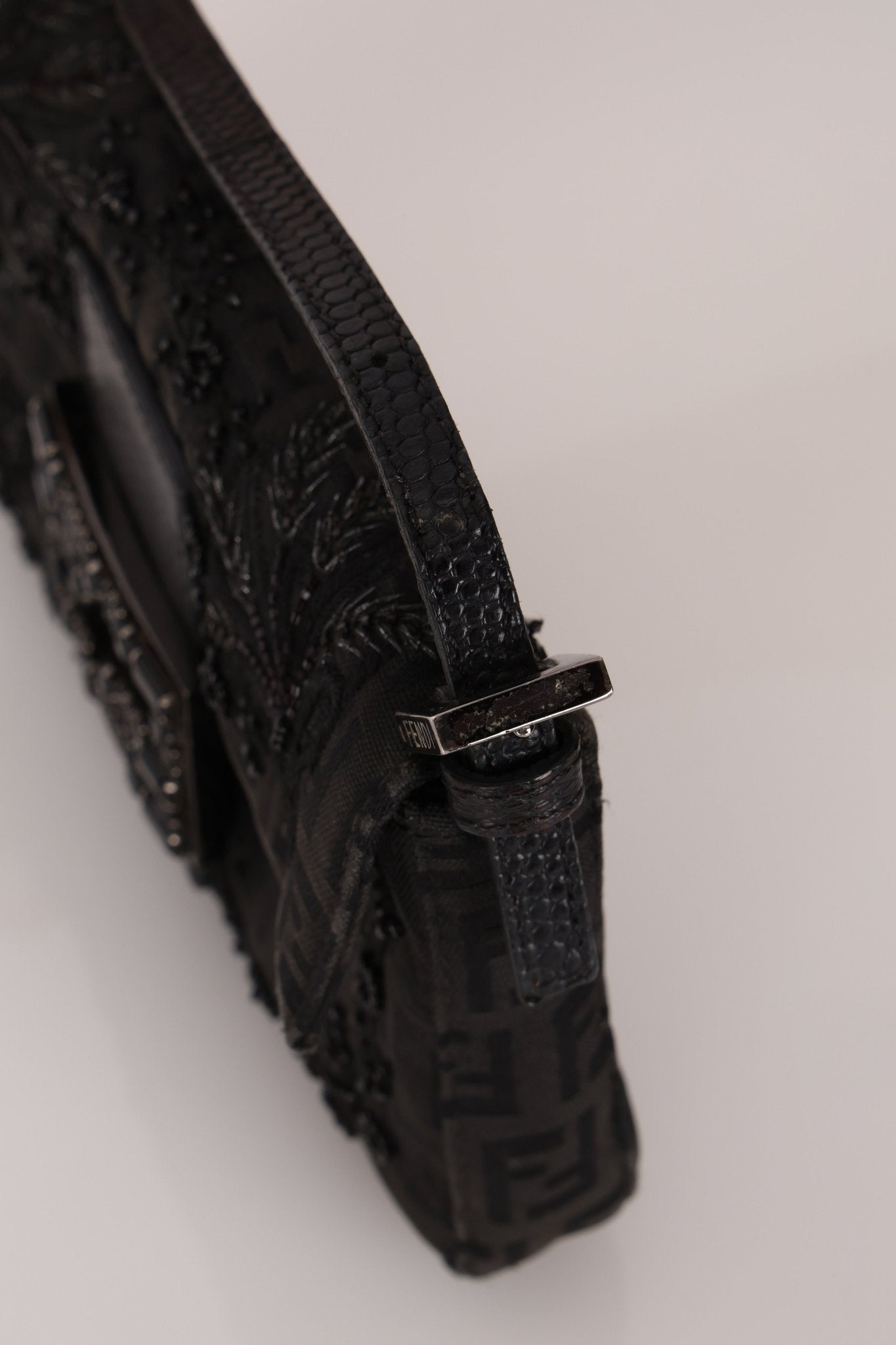 Ultra - Rare Fendi Zucchino Black Floral Beaded, Lizard, & Crystal Mini Baguette - FashioNica