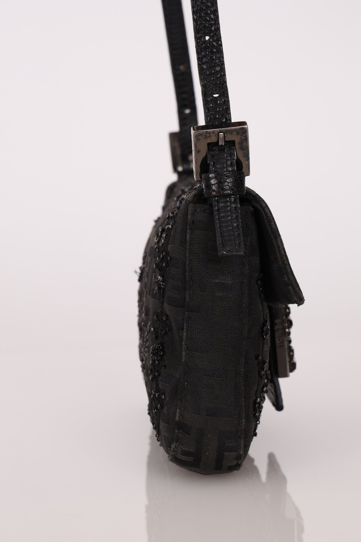 Ultra - Rare Fendi Zucchino Black Floral Beaded, Lizard, & Crystal Mini Baguette - FashioNica