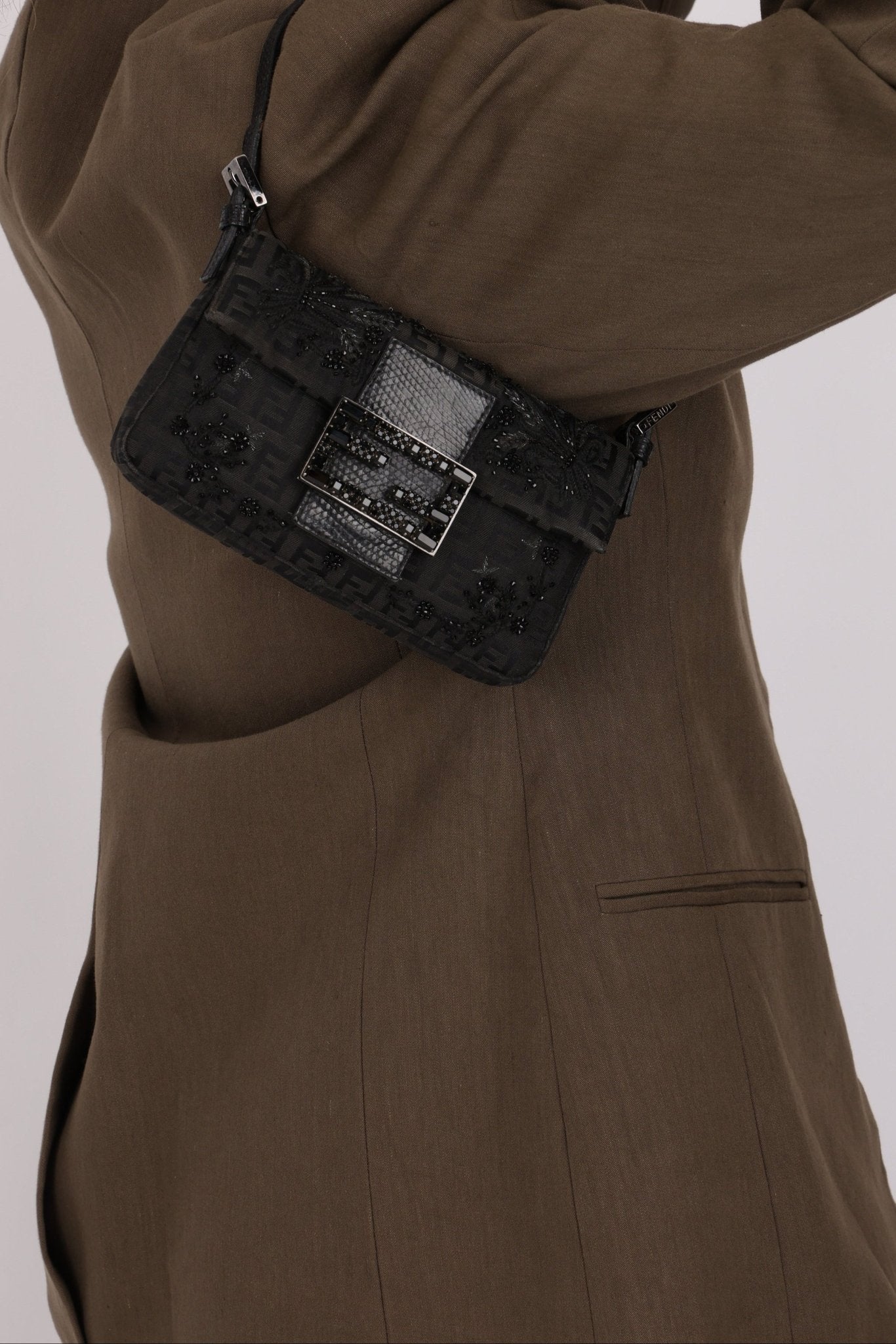 Ultra - Rare Fendi Zucchino Black Floral Beaded, Lizard, & Crystal Mini Baguette - FashioNica