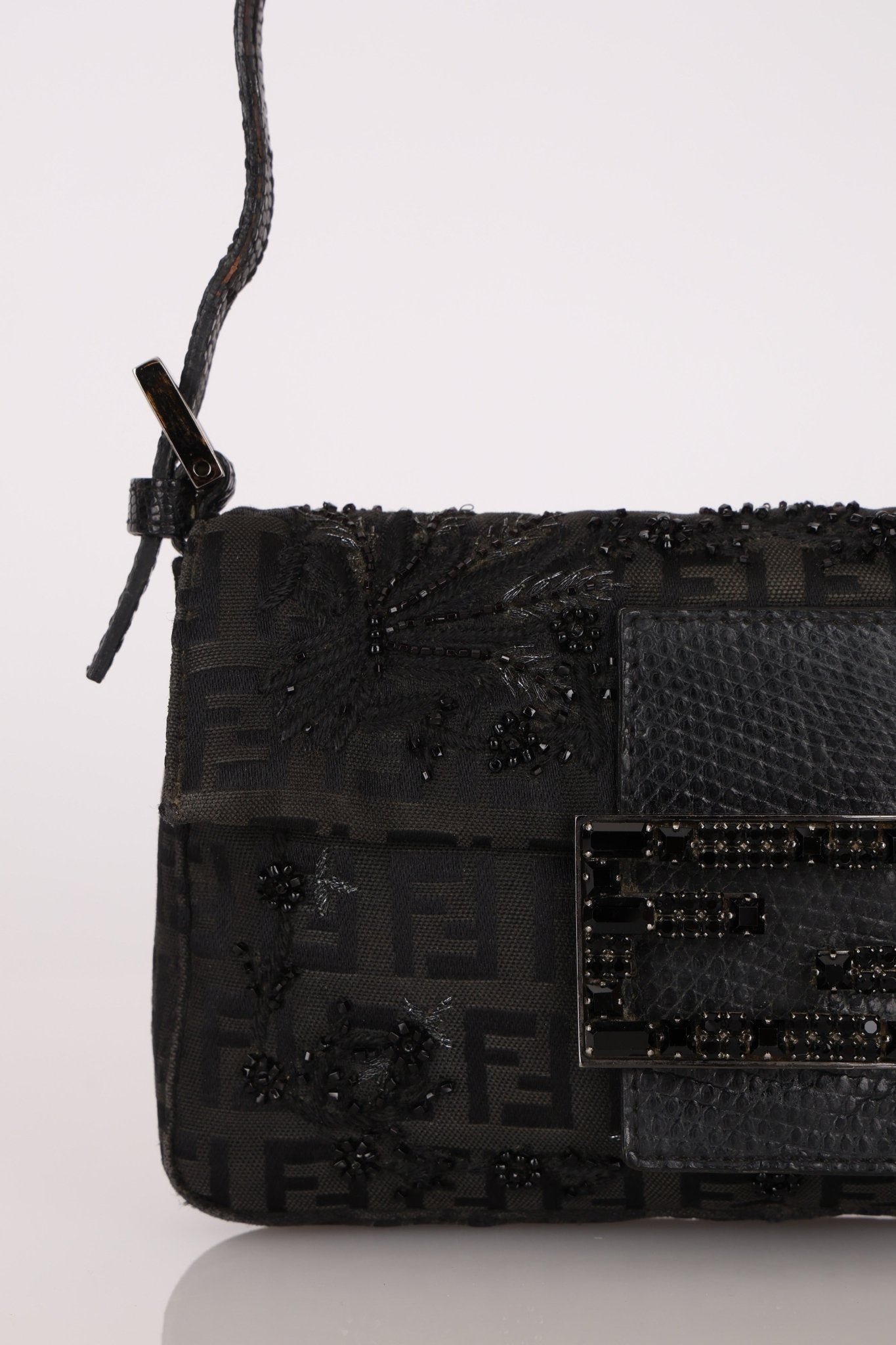 Ultra - Rare Fendi Zucchino Black Floral Beaded, Lizard, & Crystal Mini Baguette - FashioNica