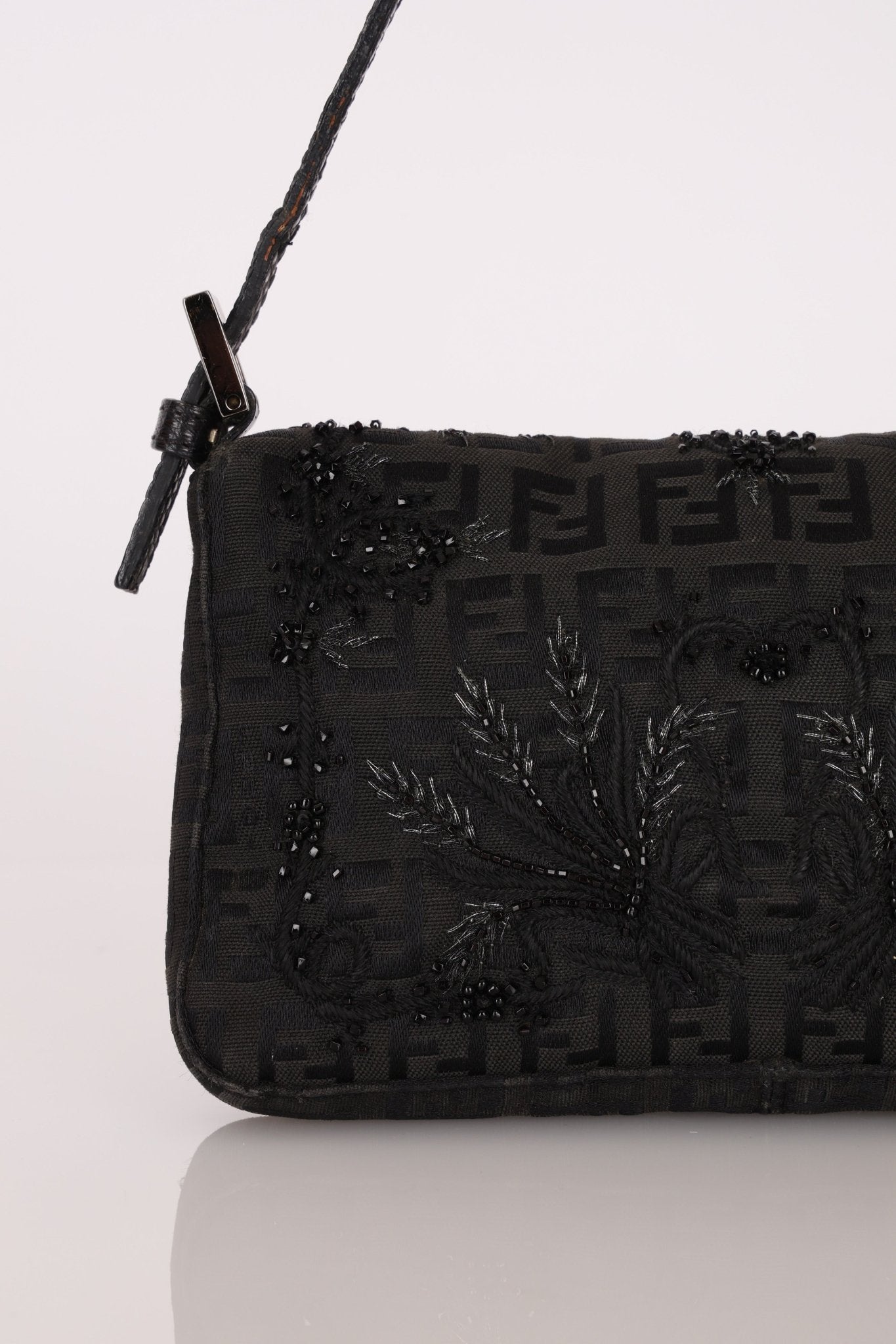 Ultra - Rare Fendi Zucchino Black Floral Beaded, Lizard, & Crystal Mini Baguette - FashioNica