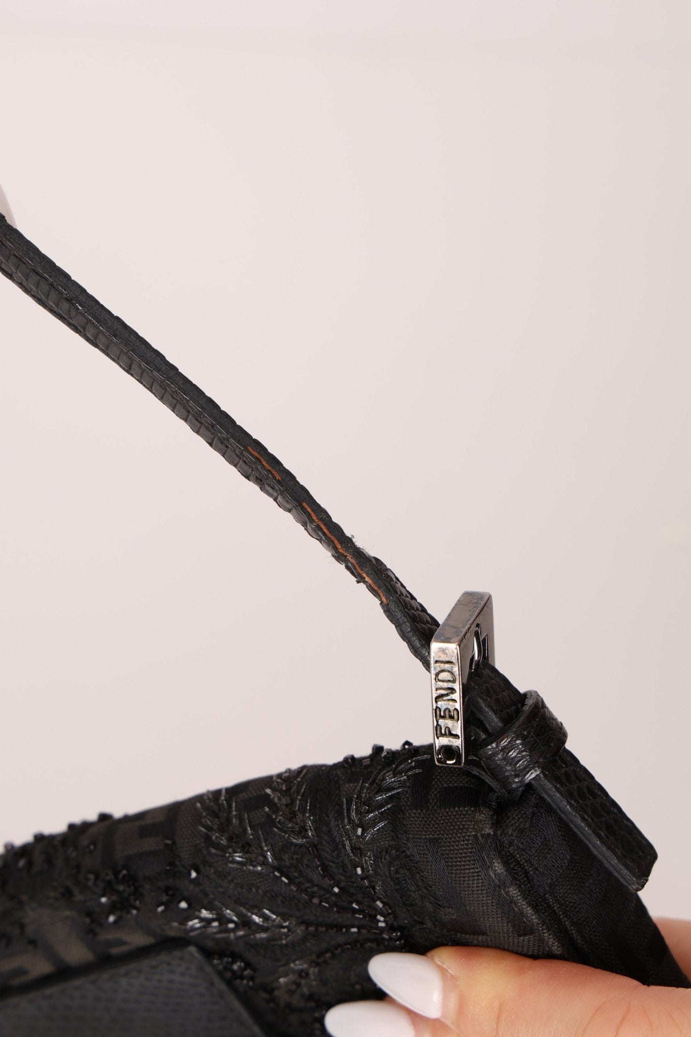 Ultra - Rare Fendi Zucchino Black Floral Beaded, Lizard, & Crystal Mini Baguette - FashioNica