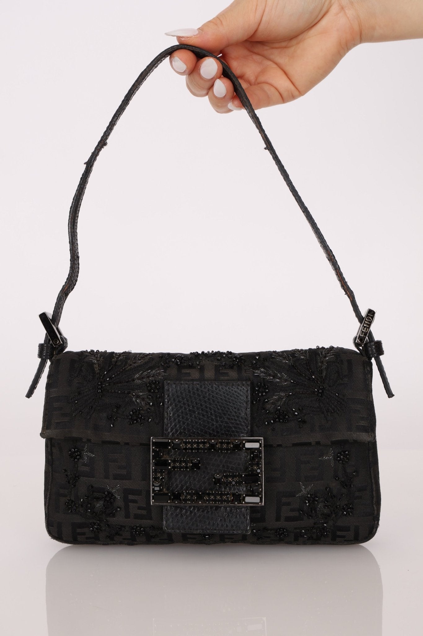 Ultra - Rare Fendi Zucchino Black Floral Beaded, Lizard, & Crystal Mini Baguette - FashioNica