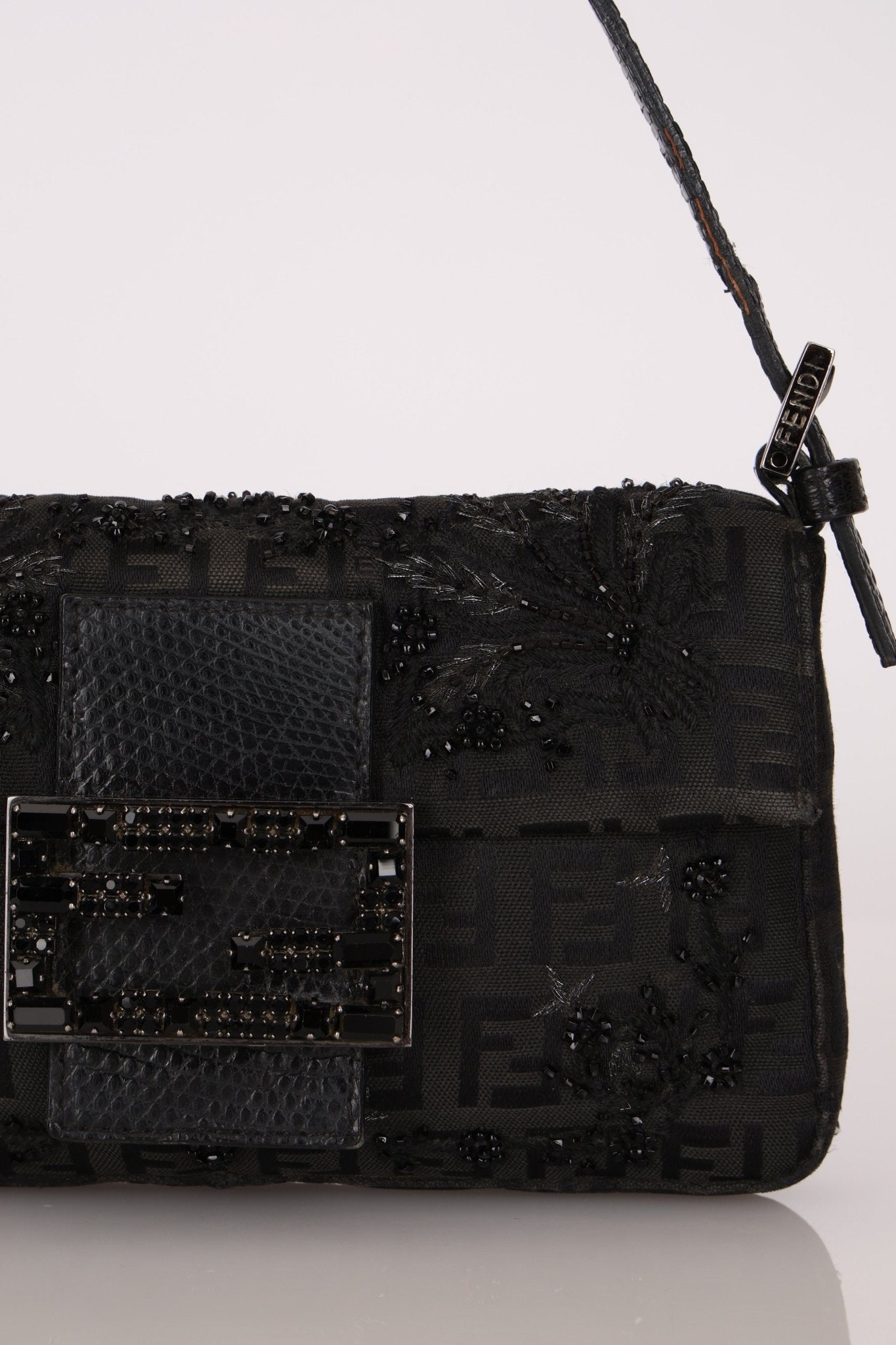 Ultra - Rare Fendi Zucchino Black Floral Beaded, Lizard, & Crystal Mini Baguette - FashioNica