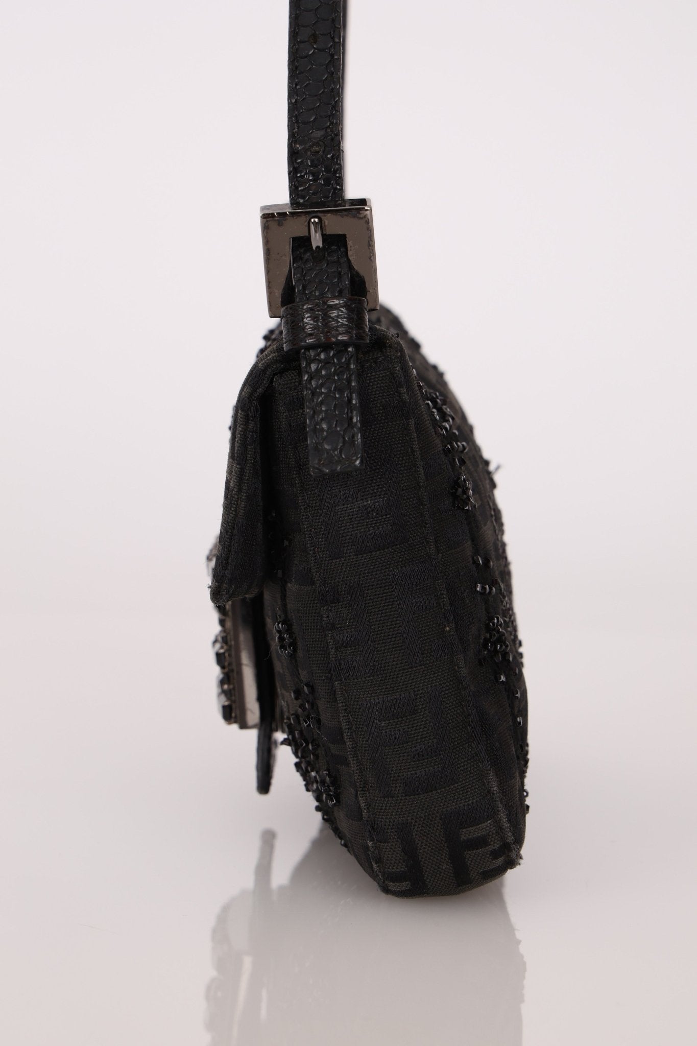 Ultra - Rare Fendi Zucchino Black Floral Beaded, Lizard, & Crystal Mini Baguette - FashioNica