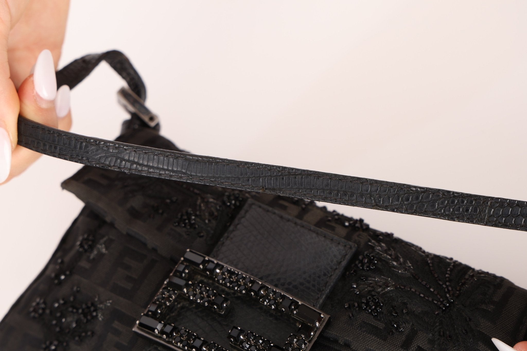 Ultra - Rare Fendi Zucchino Black Floral Beaded, Lizard, & Crystal Mini Baguette - FashioNica