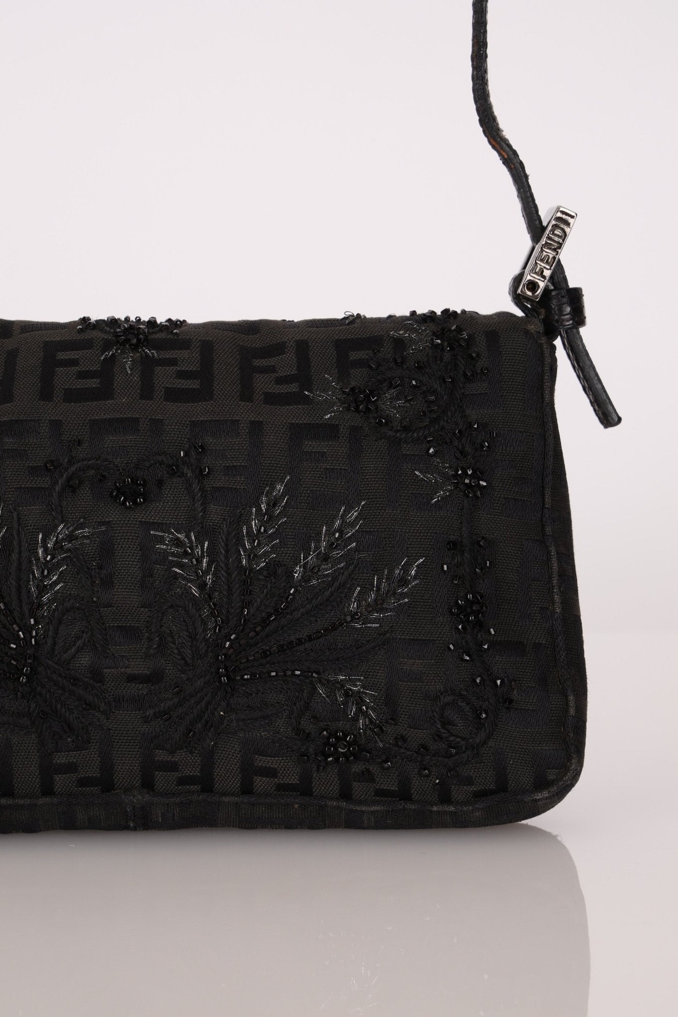 Ultra - Rare Fendi Zucchino Black Floral Beaded, Lizard, & Crystal Mini Baguette - FashioNica
