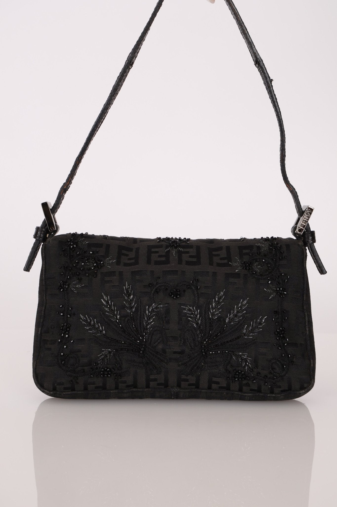 Ultra - Rare Fendi Zucchino Black Floral Beaded, Lizard, & Crystal Mini Baguette - FashioNica