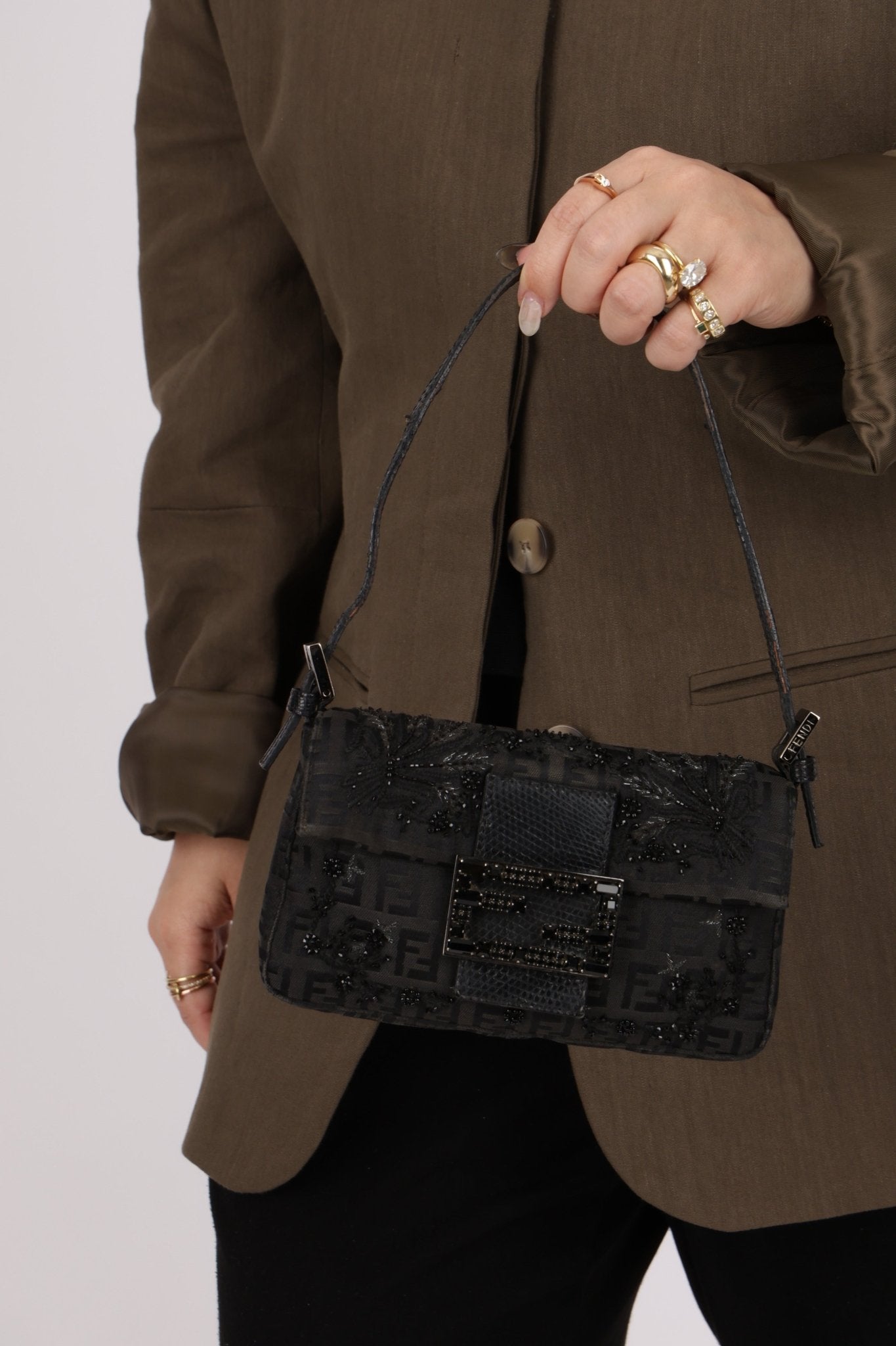 Ultra - Rare Fendi Zucchino Black Floral Beaded, Lizard, & Crystal Mini Baguette - FashioNica