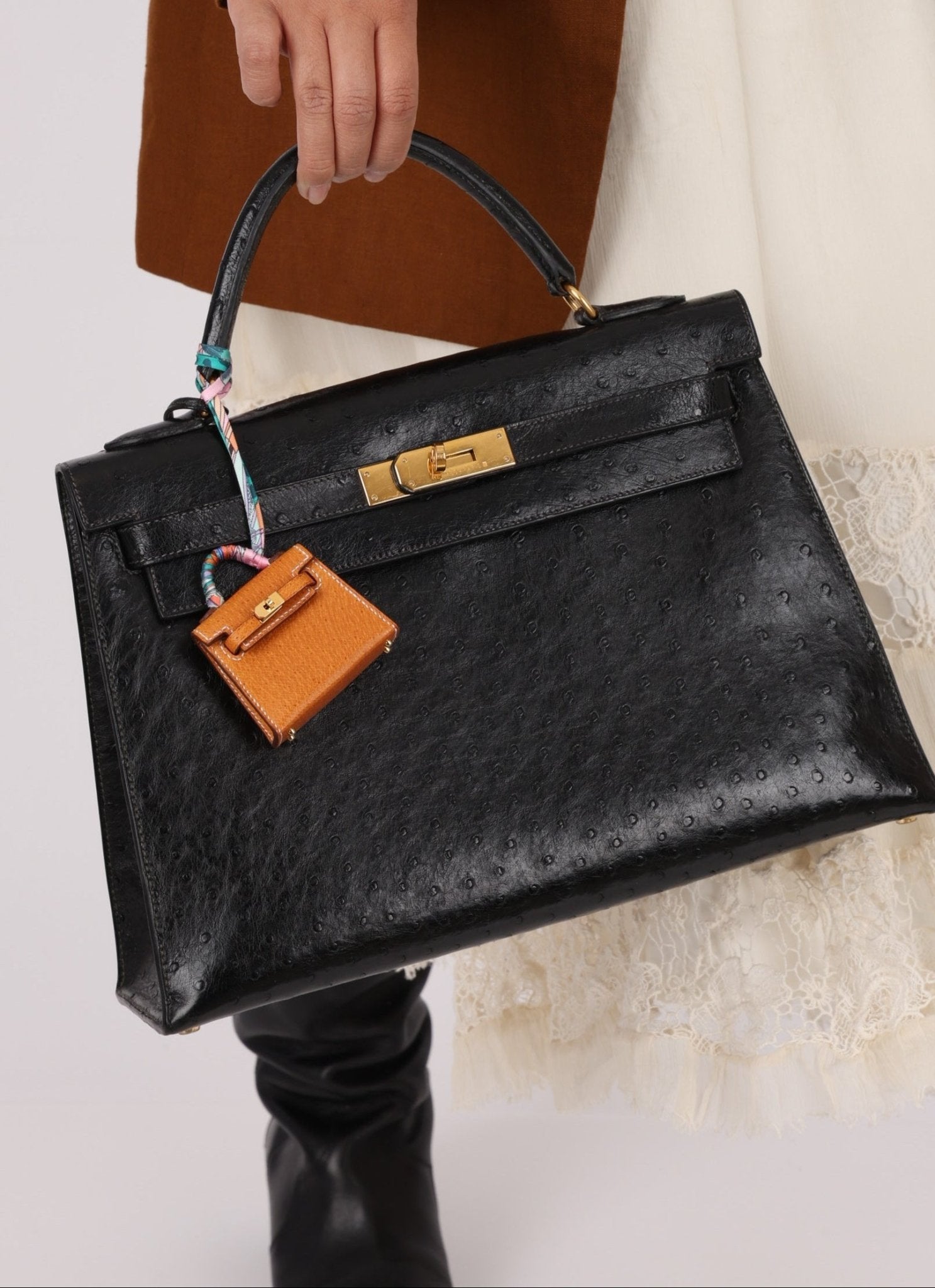 Ultra - Rare Hermès Toffee Peau Porc Micro Twilly Kelly - FashioNica