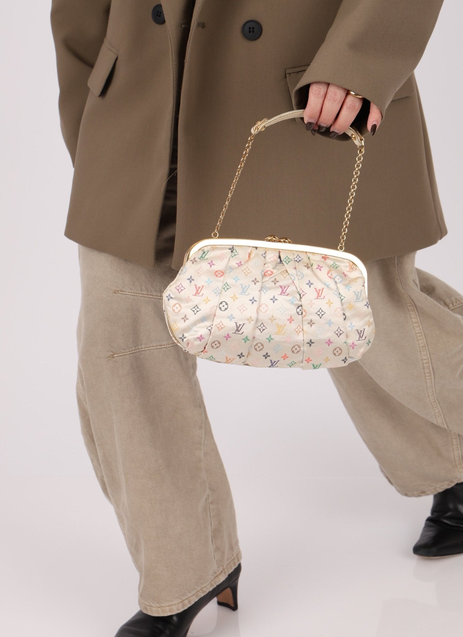 Ultra - Rare Louis Vuitton x Takashi Murakami Multicolor Monogram Satin Aumoniere Clutch on Chain - FashioNica