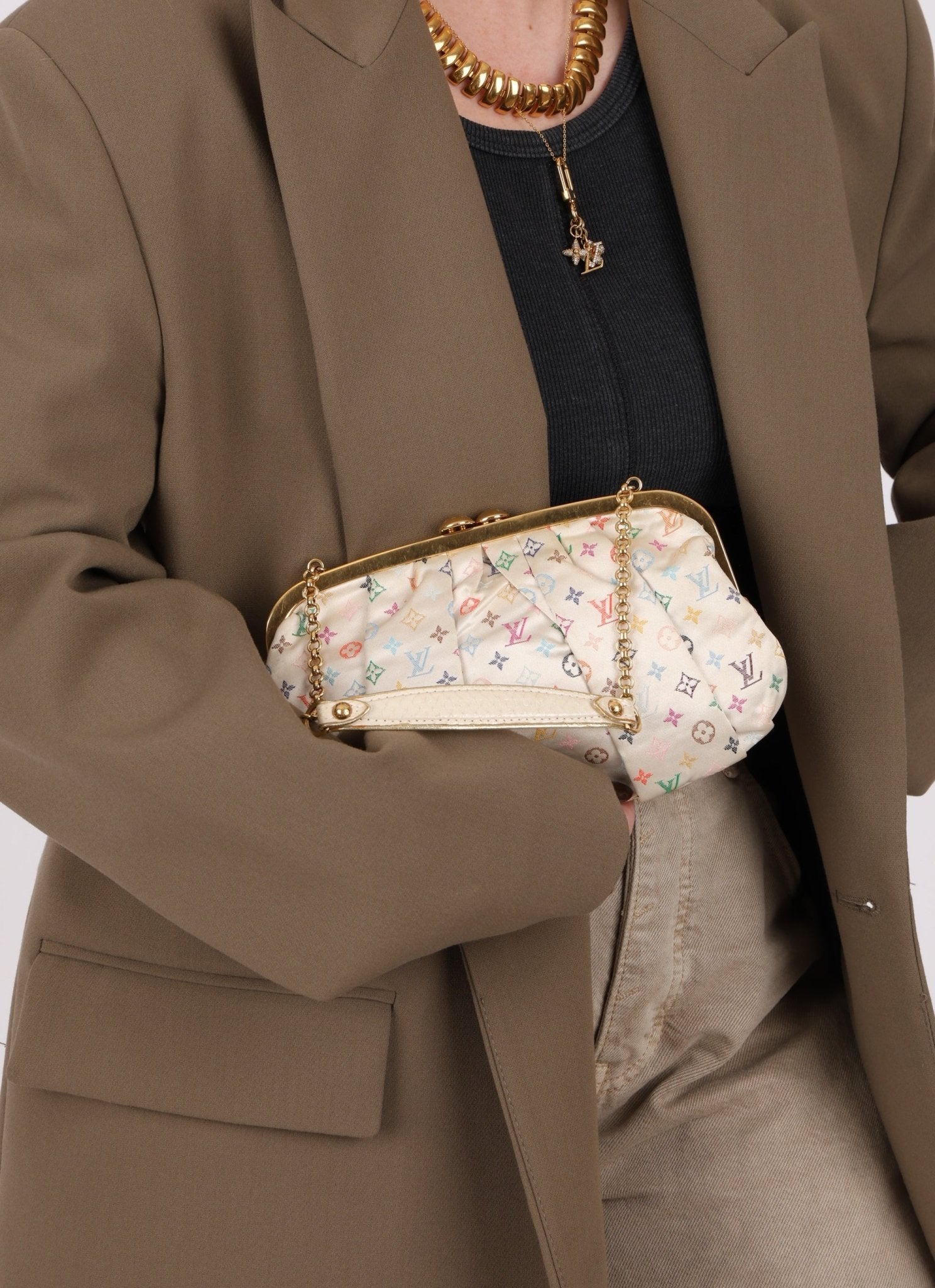 Ultra - Rare Louis Vuitton x Takashi Murakami Multicolor Monogram Satin Aumoniere Clutch on Chain - FashioNica